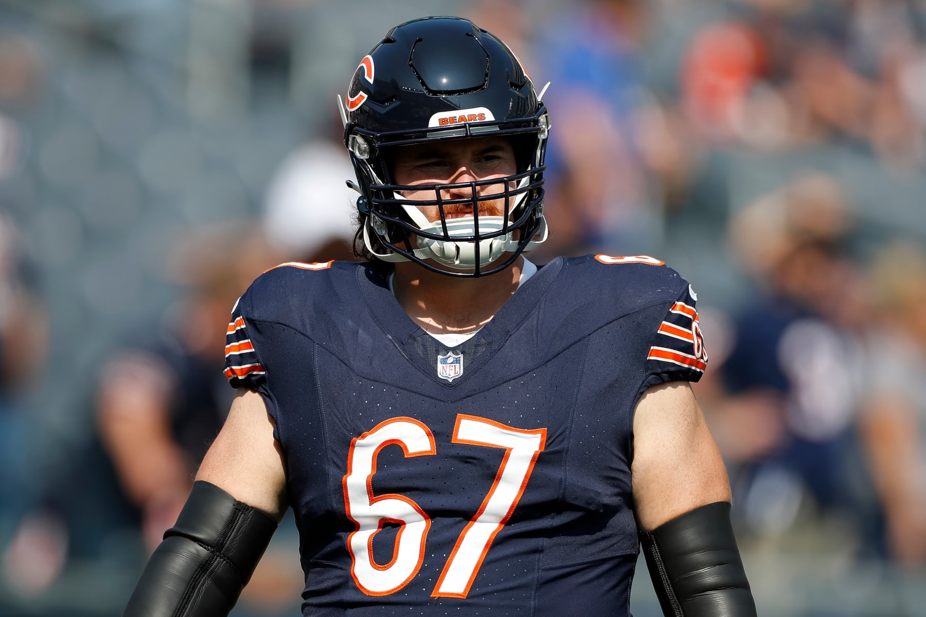 CHICAGO, IL - SEPTEMBER 10: Chicago Bears guard Dan Feeney (67) warms up prior to a regular season game between the Green Bay Packers and the Chicago Bears on September, 10, 2023, at Soldier Field in Chicago, IL. (Photo by Brandon Sloter/Icon Sportswire via Getty Images) CHICAGO, IL - SEPTEMBER 10: Chicago Bears guard Dan Feeney (67) warms up prior to a regular season game between the Green Bay Packers and the Chicago Bears on September, 10, 2023, at Soldier Field in Chicago, IL. (Photo by Brandon Sloter/Icon Sportswire via Getty Images)