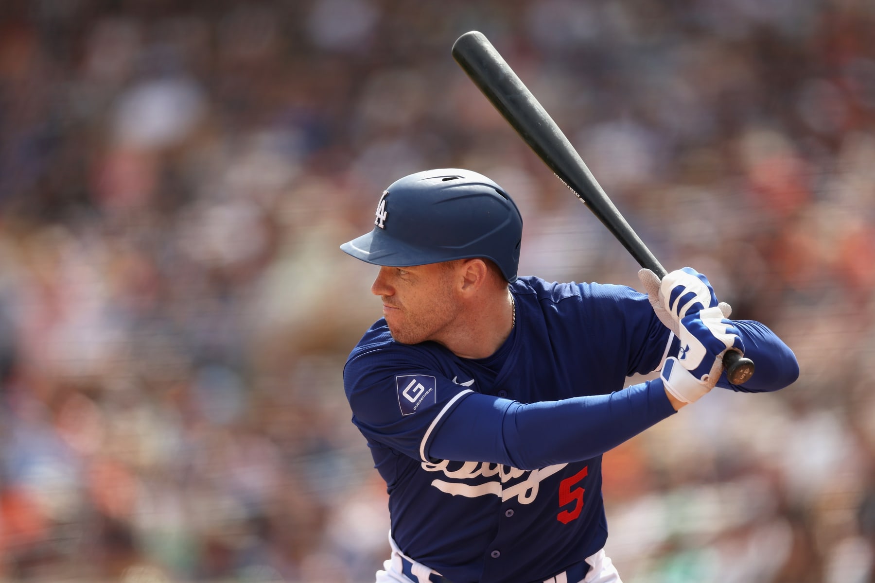 GLENDALE, ARIZONA - MARCH 12: Freddie Freeman #5 of the Los Angeles Dodgers bats against the San Francisco Giants during the fifth inning of the MLB spring game at Camelback Ranch on March 12, 2024 in Glendale, Arizona. (Photo by Christian Petersen/Getty Images)