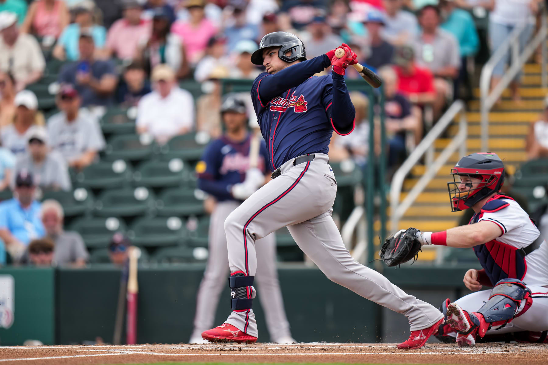 FORT MYERS, FL- MARCH 04: Austin Riley #27 of the Atlanta Braves bats during a spring training game against the Minnesota Twins on March 4, 2024 at the Lee County Sports Complex in Fort Myers, Florida. (Photo by Brace Hemmelgarn/Minnesota Twins/Getty Images)