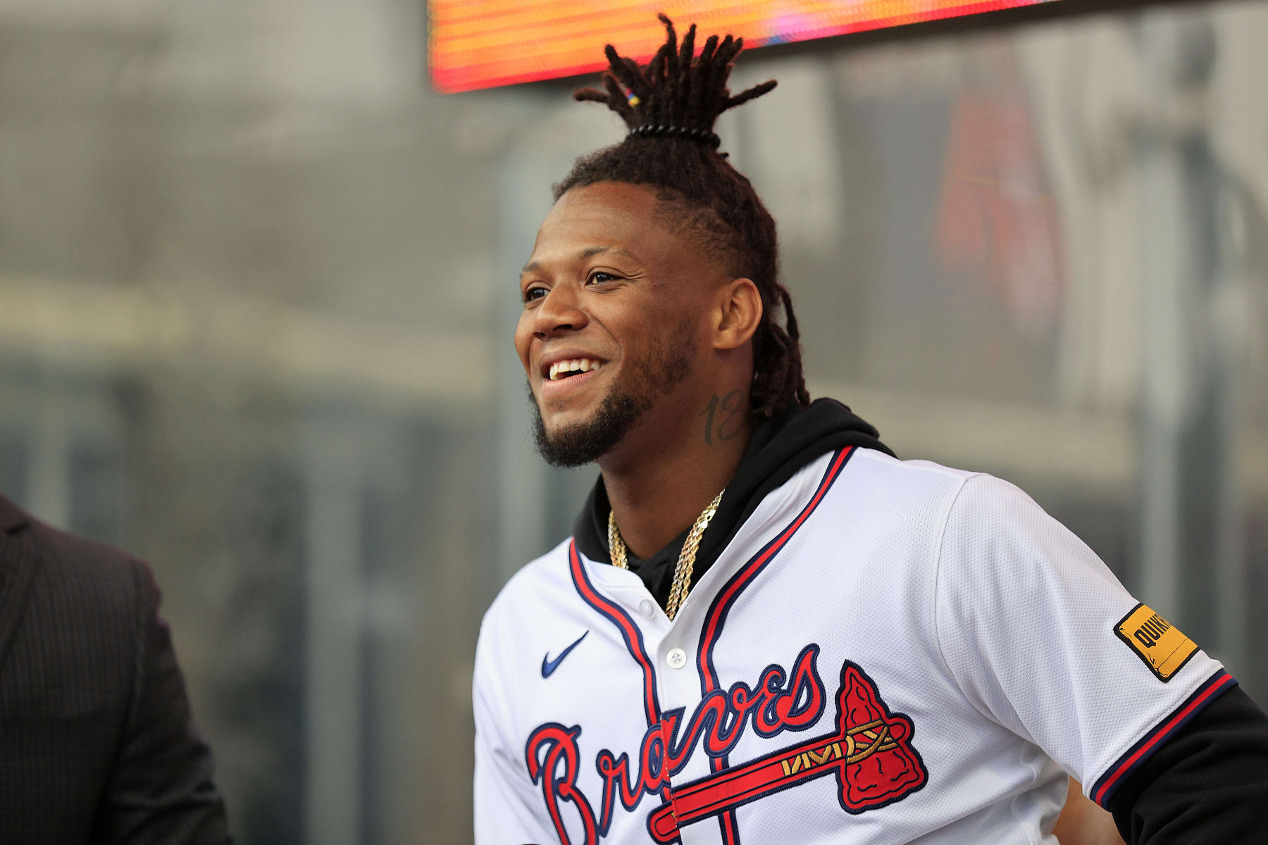 ATLANTA, GA - JANUARY 27: Reigning National League MVP Ronald Acuna, Jr. smiles during the 2024 Braves Fest on January 27, 2024 at The  Battery and Truist Park in Atlanta, Georgia.   (Photo by David J. Griffin/Icon Sportswire via Getty Images)