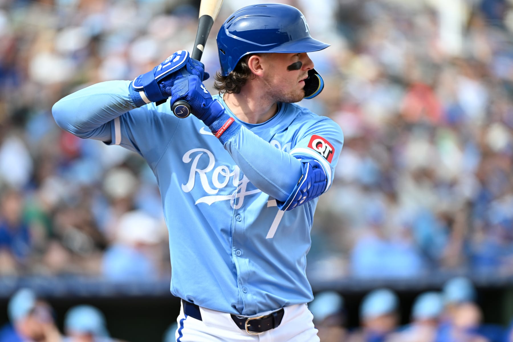 SURPRISE, ARIZONA - FEBRUARY 24, 2024: Bobby Witt Jr. #7 of the Kansas City Royals bats during the fourth inning of a spring training game against the Texas Rangers at Surprise Stadium on February 24, 2024 in Surprise, Arizona. (Photo by David Durochik/Diamond Images via Getty Images)