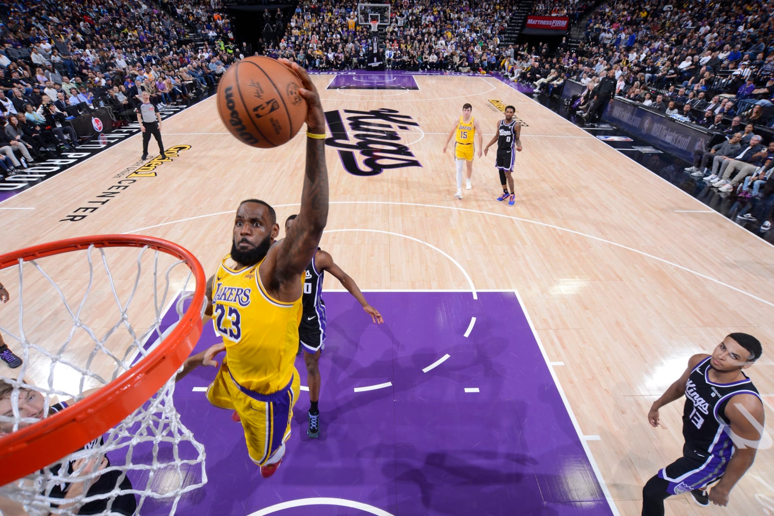 SACRAMENTO, CA - MARCH 13: LeBron James #23 of the Los Angeles Lakers drives to the basket during the game against the Sacramento Kings on March 13, 2024 at Golden 1 Center in Sacramento, California. NOTE TO USER: User expressly acknowledges and agrees that, by downloading and or using this Photograph, user is consenting to the terms and conditions of the Getty Images License Agreement. Mandatory Copyright Notice: Copyright 2024 NBAE (Photo by Rocky Widner/NBAE via Getty Images) SACRAMENTO, CA - MARCH 13: LeBron James #23 of the Los Angeles Lakers drives to the basket during the game against the Sacramento Kings on March 13, 2024 at Golden 1 Center in Sacramento, California. NOTE TO USER: User expressly acknowledges and agrees that, by downloading and or using this Photograph, user is consenting to the terms and conditions of the Getty Images License Agreement. Mandatory Copyright Notice: Copyright 2024 NBAE (Photo by Rocky Widner/NBAE via Getty Images)