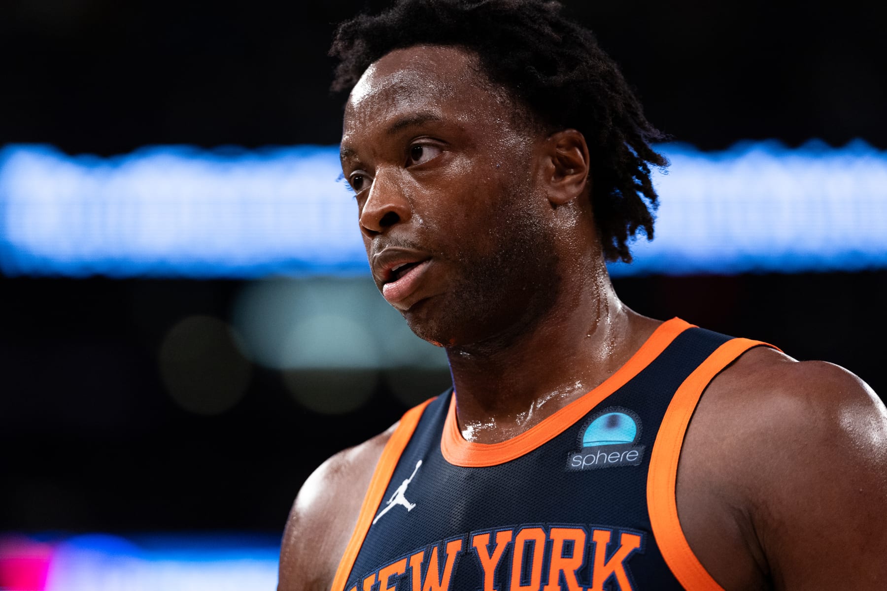NEW YORK, NEW YORK - MARCH 12: OG Anunoby #8 of the New York Knicks reacts during the second quarter of the game against the Philadelphia 76ers at Madison Square Garden on March 12, 2024 in New York City. NOTE TO USER: User expressly acknowledges and agrees that, by downloading and or using this photograph, User is consenting to the terms and conditions of the Getty Images License Agreement. (Photo by Dustin Satloff/Getty Images)