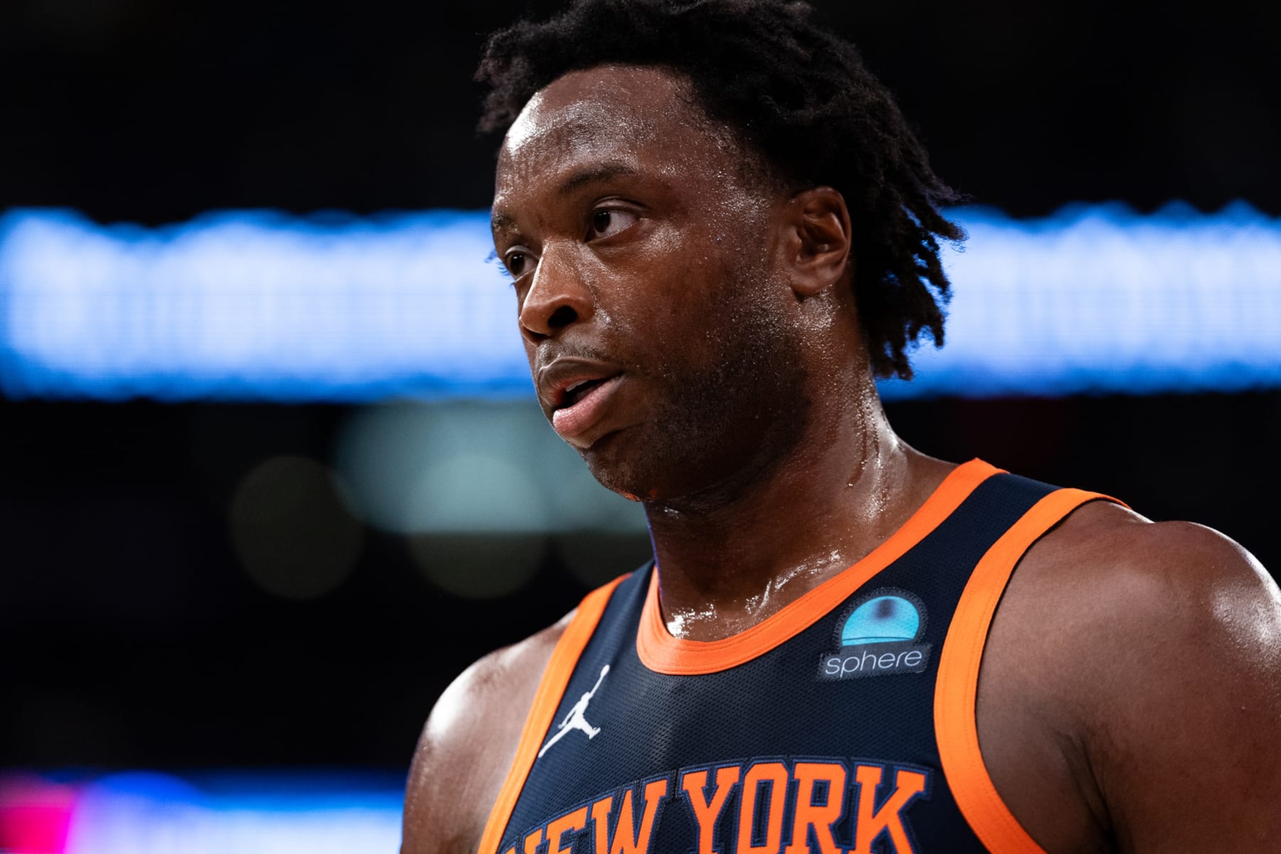 NEW YORK, NEW YORK - MARCH 12: OG Anunoby #8 of the New York Knicks reacts during the second quarter of the game against the Philadelphia 76ers at Madison Square Garden on March 12, 2024 in New York City. NOTE TO USER: User expressly acknowledges and agrees that, by downloading and or using this photograph, User is consenting to the terms and conditions of the Getty Images License Agreement. (Photo by Dustin Satloff/Getty Images) NEW YORK, NEW YORK - MARCH 12: OG Anunoby #8 of the New York Knicks reacts during the second quarter of the game against the Philadelphia 76ers at Madison Square Garden on March 12, 2024 in New York City. NOTE TO USER: User expressly acknowledges and agrees that, by downloading and or using this photograph, User is consenting to the terms and conditions of the Getty Images License Agreement. (Photo by Dustin Satloff/Getty Images)