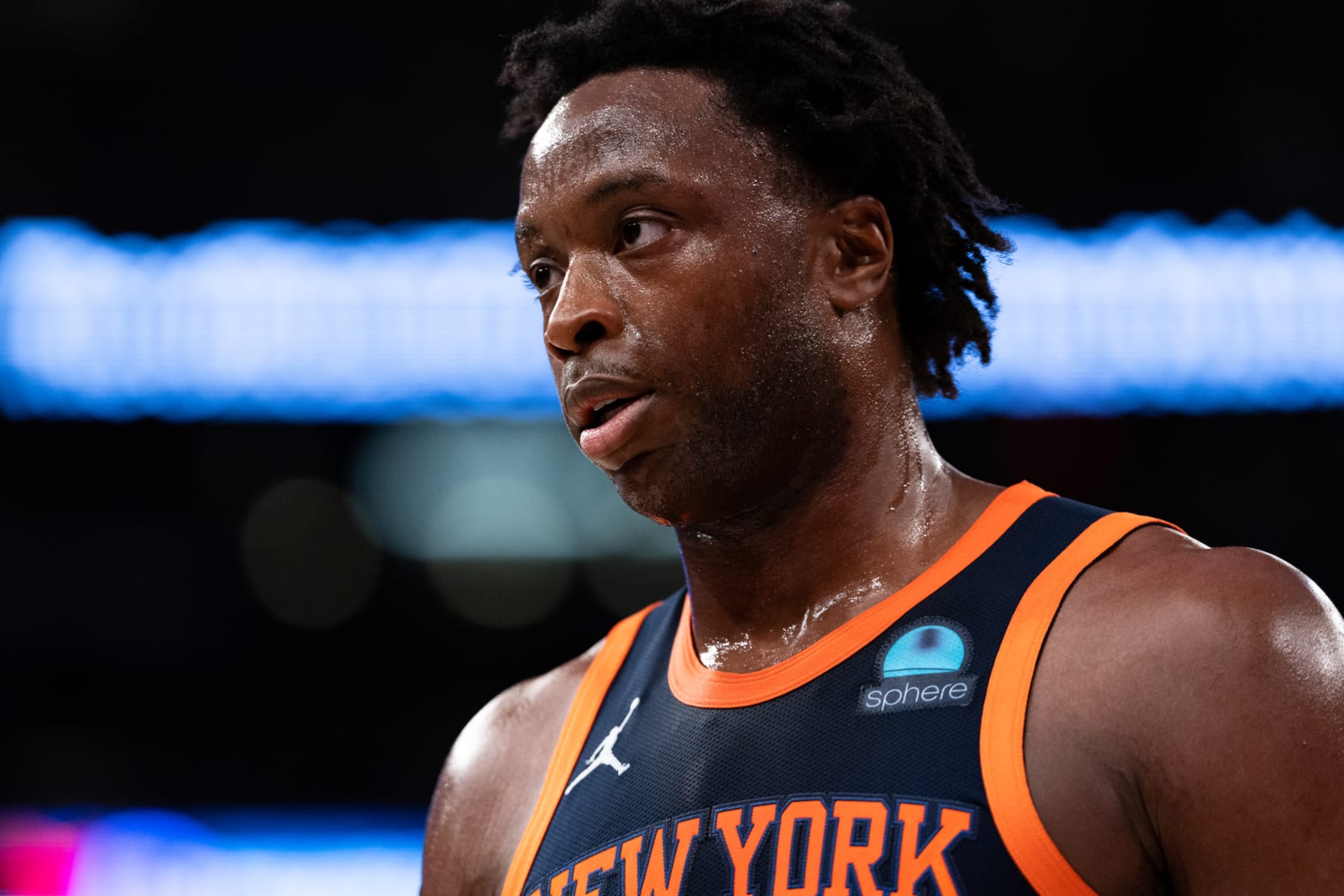 NEW YORK, NEW YORK - MARCH 12: OG Anunoby #8 of the New York Knicks reacts during the second quarter of the game against the Philadelphia 76ers at Madison Square Garden on March 12, 2024 in New York City. NOTE TO USER: User expressly acknowledges and agrees that, by downloading and or using this photograph, User is consenting to the terms and conditions of the Getty Images License Agreement. (Photo by Dustin Satloff/Getty Images) NEW YORK, NEW YORK - MARCH 12: OG Anunoby #8 of the New York Knicks reacts during the second quarter of the game against the Philadelphia 76ers at Madison Square Garden on March 12, 2024 in New York City. NOTE TO USER: User expressly acknowledges and agrees that, by downloading and or using this photograph, User is consenting to the terms and conditions of the Getty Images License Agreement. (Photo by Dustin Satloff/Getty Images)