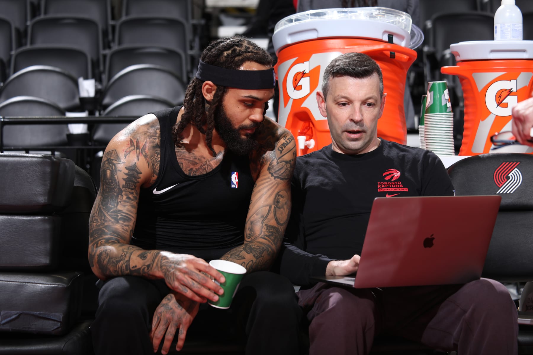 PORTLAND, OR - MARCH 9: Gary Trent Jr. #33 of the Toronto Raptors watches film before the game against the Portland Trail Blazers on March 9, 2024 at the Moda Center Arena in Portland, Oregon. NOTE TO USER: User expressly acknowledges and agrees that, by downloading and or using this photograph, user is consenting to the terms and conditions of the Getty Images License Agreement. Mandatory Copyright Notice: Copyright 2024 NBAE (Photo by Cameron Browne/NBAE via Getty Images)