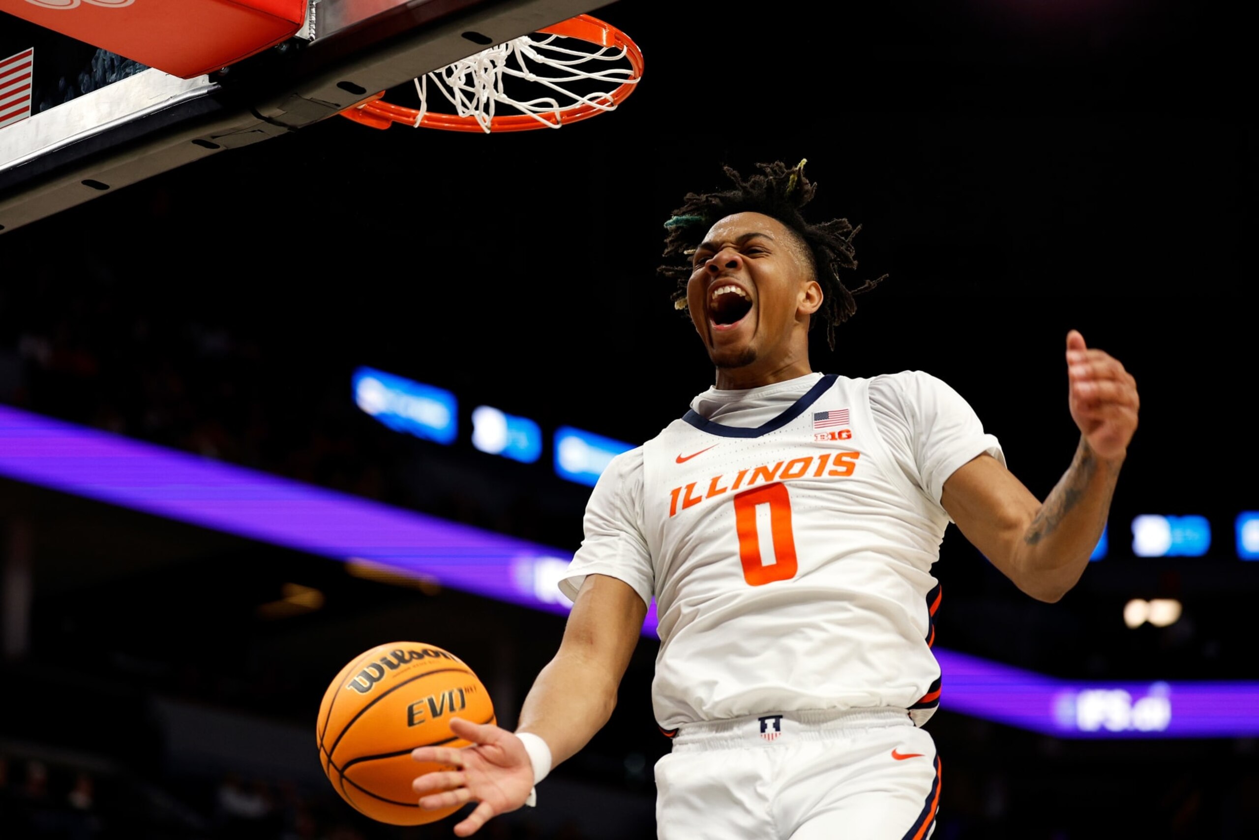 MINNEAPOLIS, MINNESOTA - MARCH 15: Terrence Shannon Jr. #0 of the Illinois Fighting Illini celebrates his dunk against the Ohio State Buckeyes in the first half at Target Center in the Quarterfinals of the Big Ten Tournament on March 15, 2024 in Minneapolis, Minnesota. (Photo by David Berding/Getty Images)