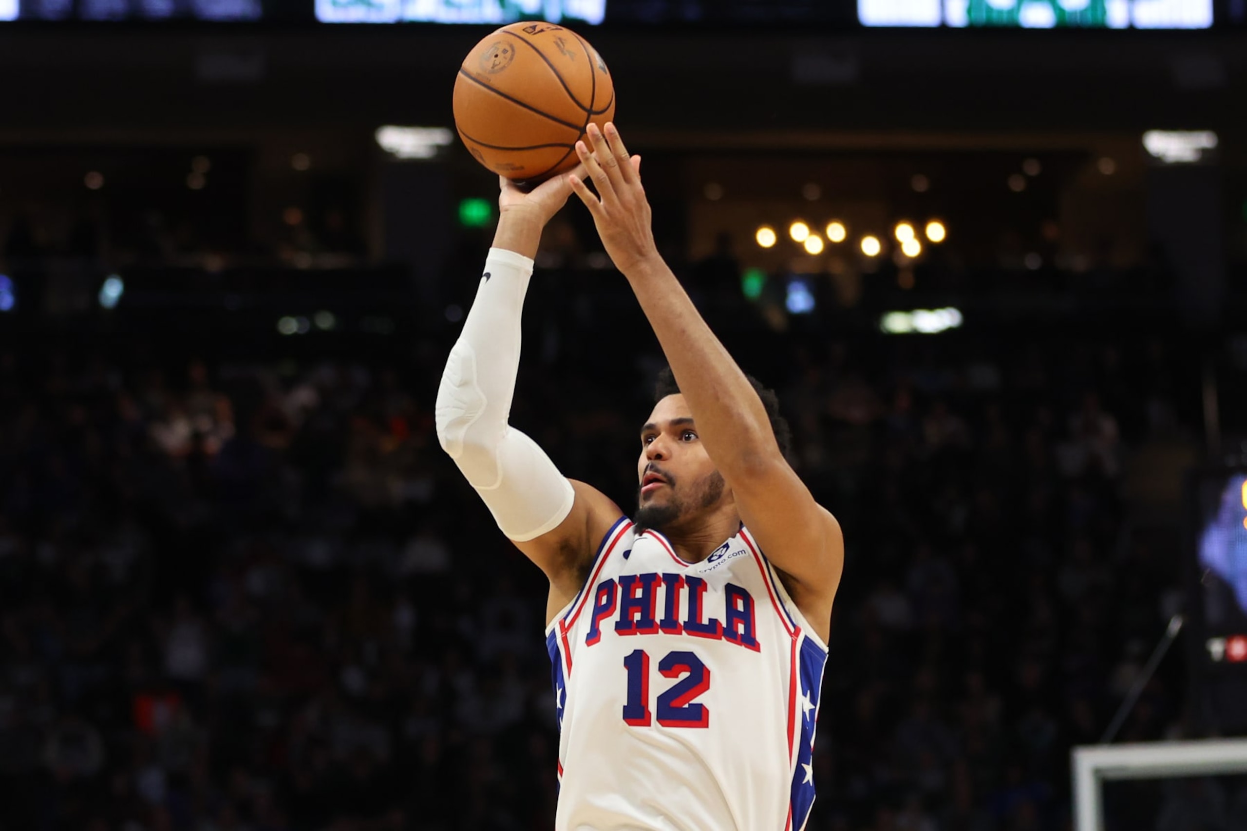MILWAUKEE, WISCONSIN - MARCH 14: Tobias Harris #12 of the Philadelphia 76ers takes a three point shot during the second half of a game against the Milwaukee Bucks at Fiserv Forum on March 14, 2024 in Milwaukee, Wisconsin. NOTE TO USER: User expressly acknowledges and agrees that, by downloading and or using this photograph, User is consenting to the terms and conditions of the Getty Images License Agreement. (Photo by Stacy Revere/Getty Images) MILWAUKEE, WISCONSIN - MARCH 14: Tobias Harris #12 of the Philadelphia 76ers takes a three point shot during the second half of a game against the Milwaukee Bucks at Fiserv Forum on March 14, 2024 in Milwaukee, Wisconsin. NOTE TO USER: User expressly acknowledges and agrees that, by downloading and or using this photograph, User is consenting to the terms and conditions of the Getty Images License Agreement. (Photo by Stacy Revere/Getty Images)