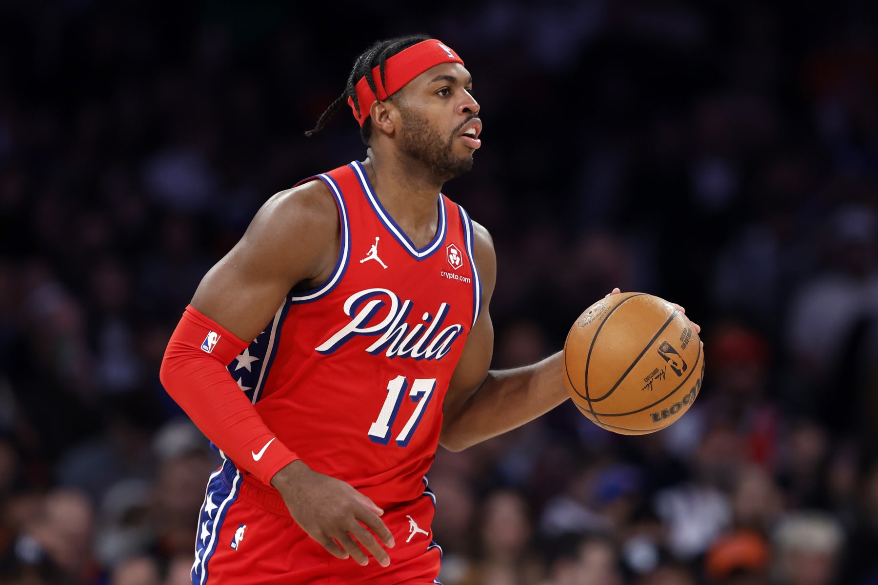NEW YORK, NEW YORK - MARCH 10: Buddy Hield #17 of the Philadelphia 76ers dribbles during the first half against the New York Knicks at Madison Square Garden on March 10, 2024 in New York City. NOTE TO USER: User expressly acknowledges and agrees that, by downloading and or using this photograph, User is consenting to the terms and conditions of the Getty Images License Agreement. (Photo by Sarah Stier/Getty Images)