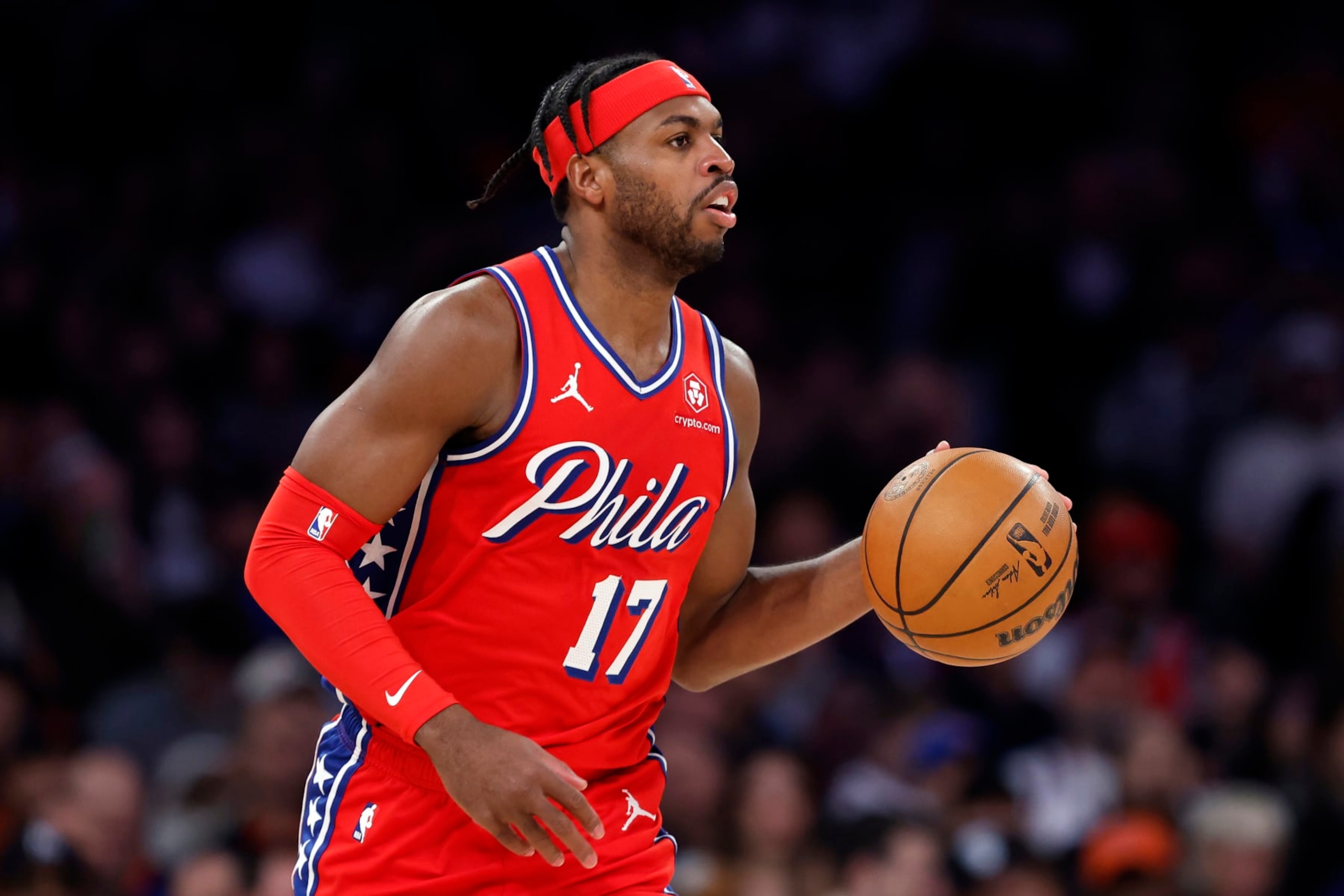 NEW YORK, NEW YORK - MARCH 10: Buddy Hield #17 of the Philadelphia 76ers dribbles during the first half against the New York Knicks at Madison Square Garden on March 10, 2024 in New York City. NOTE TO USER: User expressly acknowledges and agrees that, by downloading and or using this photograph, User is consenting to the terms and conditions of the Getty Images License Agreement. (Photo by Sarah Stier/Getty Images) NEW YORK, NEW YORK - MARCH 10: Buddy Hield #17 of the Philadelphia 76ers dribbles during the first half against the New York Knicks at Madison Square Garden on March 10, 2024 in New York City. NOTE TO USER: User expressly acknowledges and agrees that, by downloading and or using this photograph, User is consenting to the terms and conditions of the Getty Images License Agreement. (Photo by Sarah Stier/Getty Images)