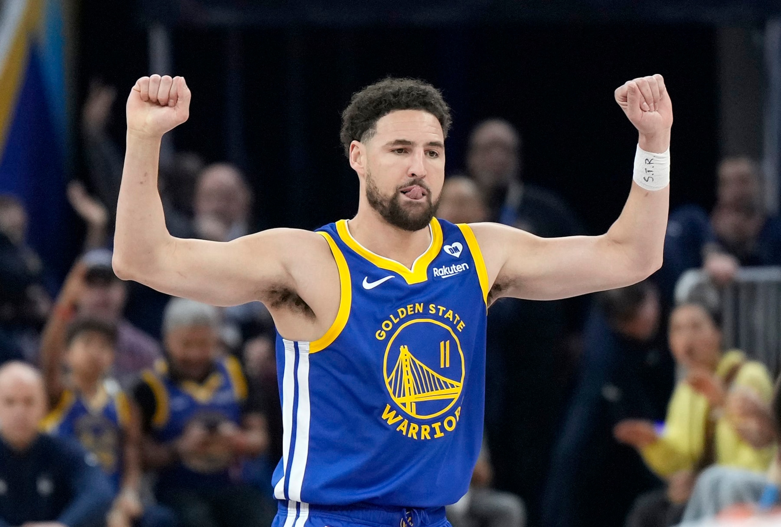 SAN FRANCISCO, CALIFORNIA - MARCH 09: Klay Thompson #11 of the Golden State Warriors reacts after making a three-point shot against the San Antonio Spurs during the first quarter at Chase Center on March 09, 2024 in San Francisco, California. NOTE TO USER: User expressly acknowledges and agrees that, by downloading and or using this photograph, User is consenting to the terms and conditions of the Getty Images License Agreement. (Photo by Thearon W. Henderson/Getty Images) SAN FRANCISCO, CALIFORNIA - MARCH 09: Klay Thompson #11 of the Golden State Warriors reacts after making a three-point shot against the San Antonio Spurs during the first quarter at Chase Center on March 09, 2024 in San Francisco, California. NOTE TO USER: User expressly acknowledges and agrees that, by downloading and or using this photograph, User is consenting to the terms and conditions of the Getty Images License Agreement. (Photo by Thearon W. Henderson/Getty Images)