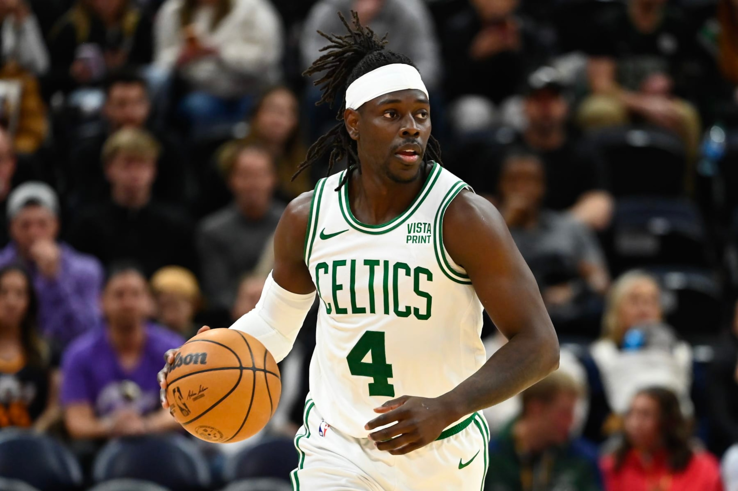 SALT LAKE CITY, UTAH - MARCH 12: Jrue Holiday #4 of the Boston Celtics looks on during the second half of a game against the Utah Jazz at Delta Center on March 12, 2024 in Salt Lake City, Utah. NOTE TO USER: User expressly acknowledges and agrees that, by downloading and or using this photograph, User is consenting to the terms and conditions of the Getty Images License Agreement. (Photo by Alex Goodlett/Getty Images) SALT LAKE CITY, UTAH - MARCH 12: Jrue Holiday #4 of the Boston Celtics looks on during the second half of a game against the Utah Jazz at Delta Center on March 12, 2024 in Salt Lake City, Utah. NOTE TO USER: User expressly acknowledges and agrees that, by downloading and or using this photograph, User is consenting to the terms and conditions of the Getty Images License Agreement. (Photo by Alex Goodlett/Getty Images)