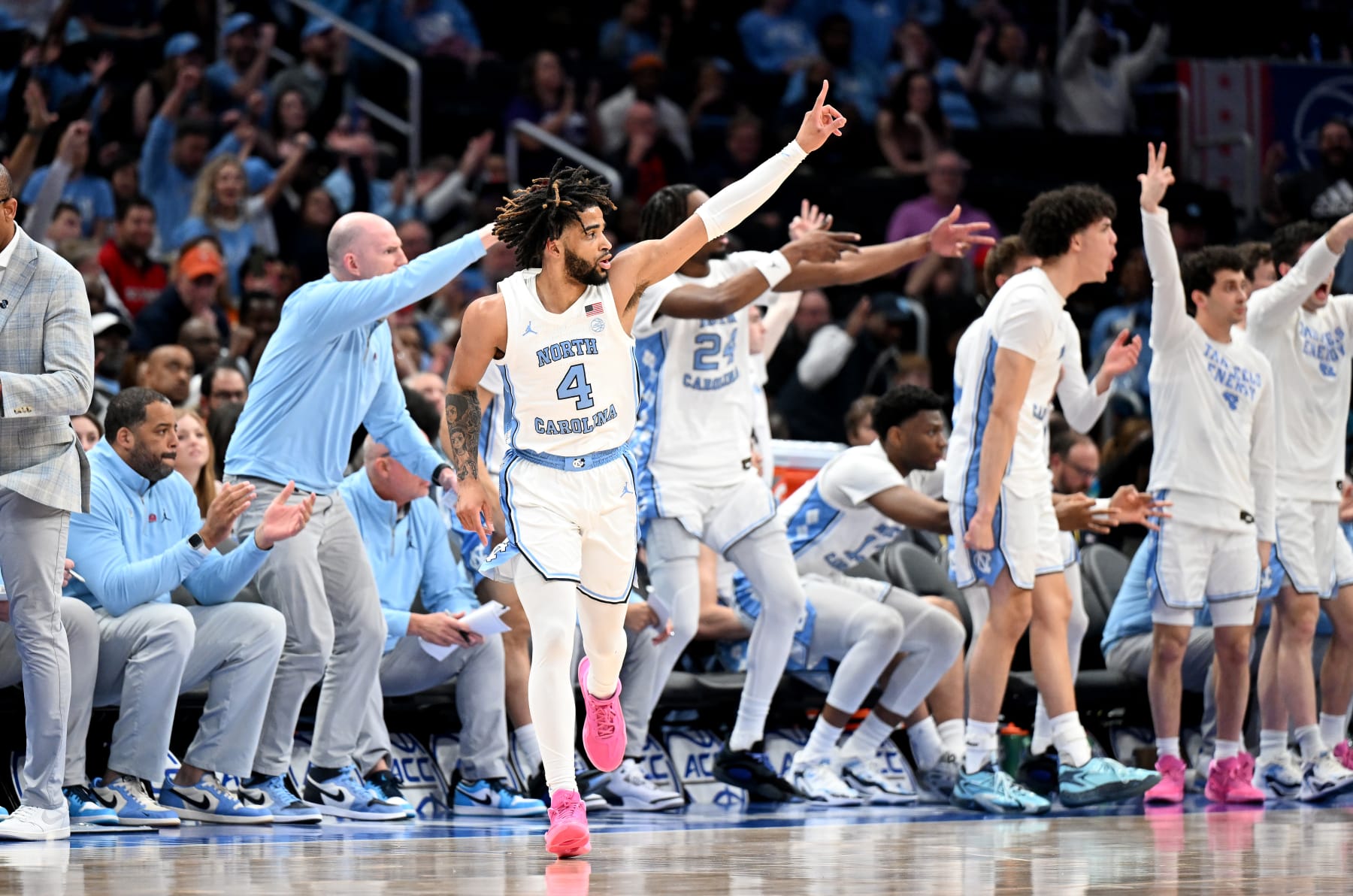 WASHINGTON, DC - MARCH 15: RJ Davis #4 of the North Carolina Tar Heels celebrates in the second half against the Pittsburgh Panthers in the Semifinals of the ACC Men's Basketball Tournament  at Capital One Arena on March 15, 2024 in Washington, DC.  (Photo by Greg Fiume/Getty Images)