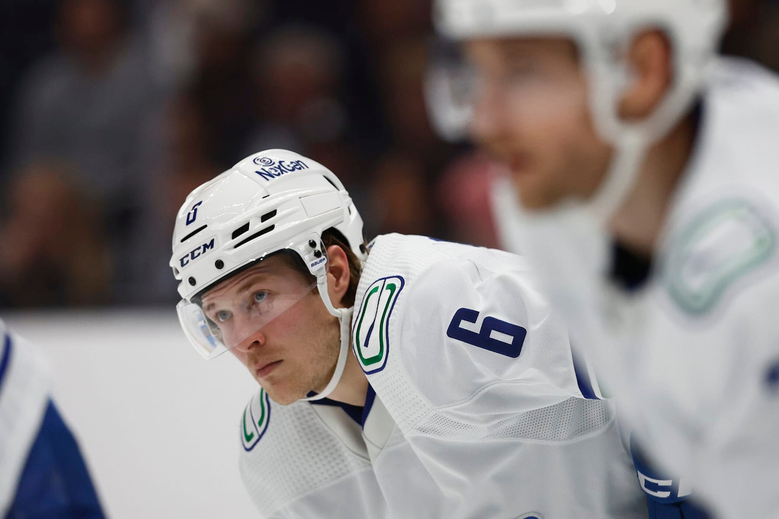 LOS ANGELES, CALIFORNIA - MARCH 05:  Brock Boeser #6 of the Vancouver Canucks at Crypto.com Arena on March 05, 2024 in Los Angeles, California. (Photo by Ronald Martinez/Getty Images)