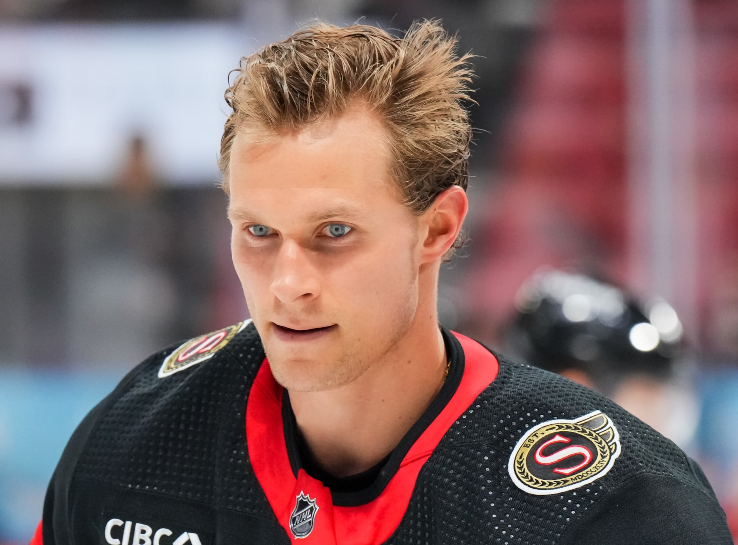 OTTAWA, CANADA - FEBRUARY 24: Jakob Chychrun #6 of the Ottawa Senators looks on during warmup prior to a game against the Vegas Golden Knights at Canadian Tire Centre on February 24, 2024 in Ottawa, Ontario, Canada.  (Photo by André Ringuette/NHLI via Getty Images)