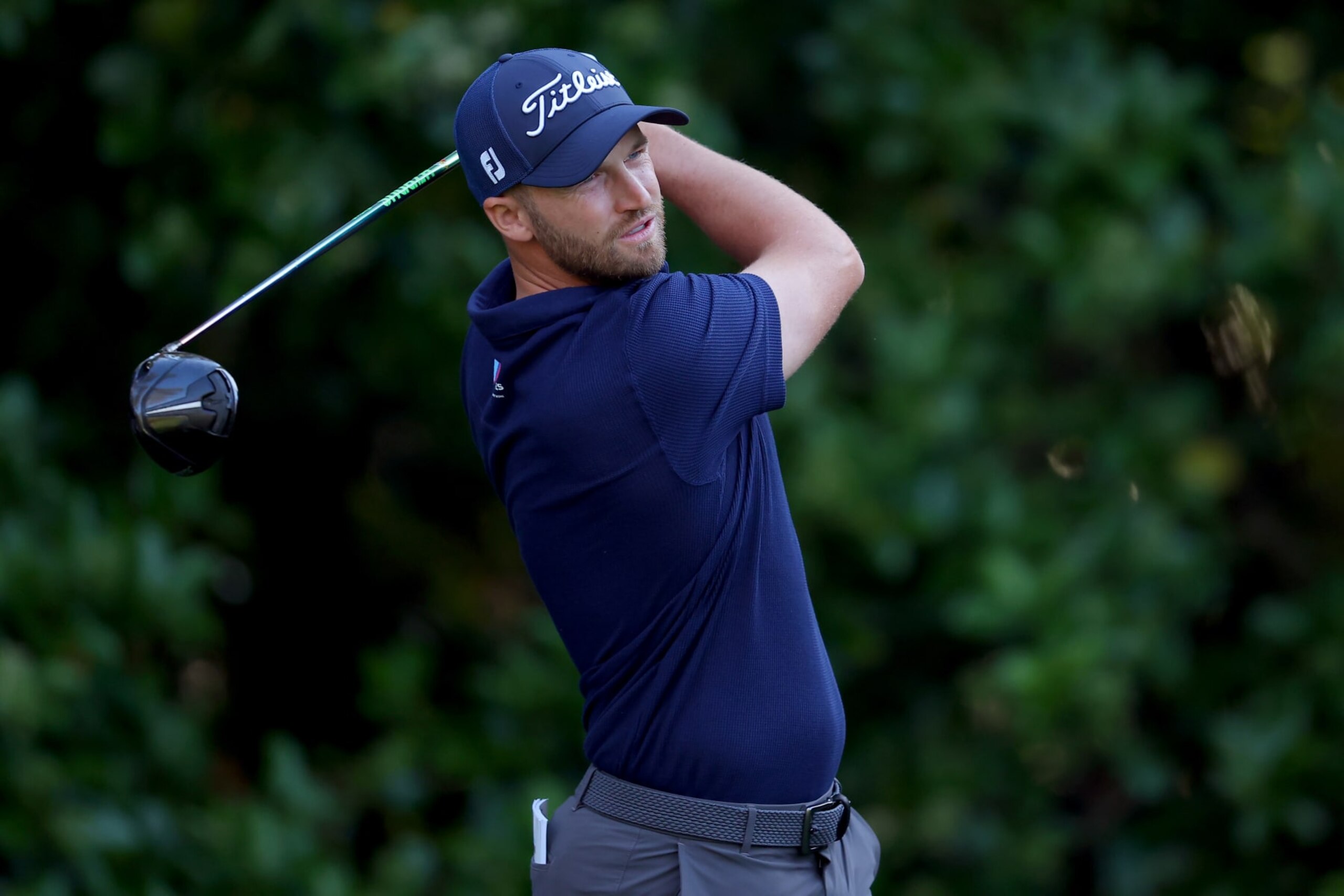 PONTE VEDRA BEACH, FLORIDA - MARCH 15: Wyndham Clark of the United States plays his shot from the 11th tee during the second round of THE PLAYERS Championship on the Stadium Course at TPC Sawgrass on March 15, 2024 in Ponte Vedra Beach, Florida. (Photo by Kevin C. Cox/Getty Images)