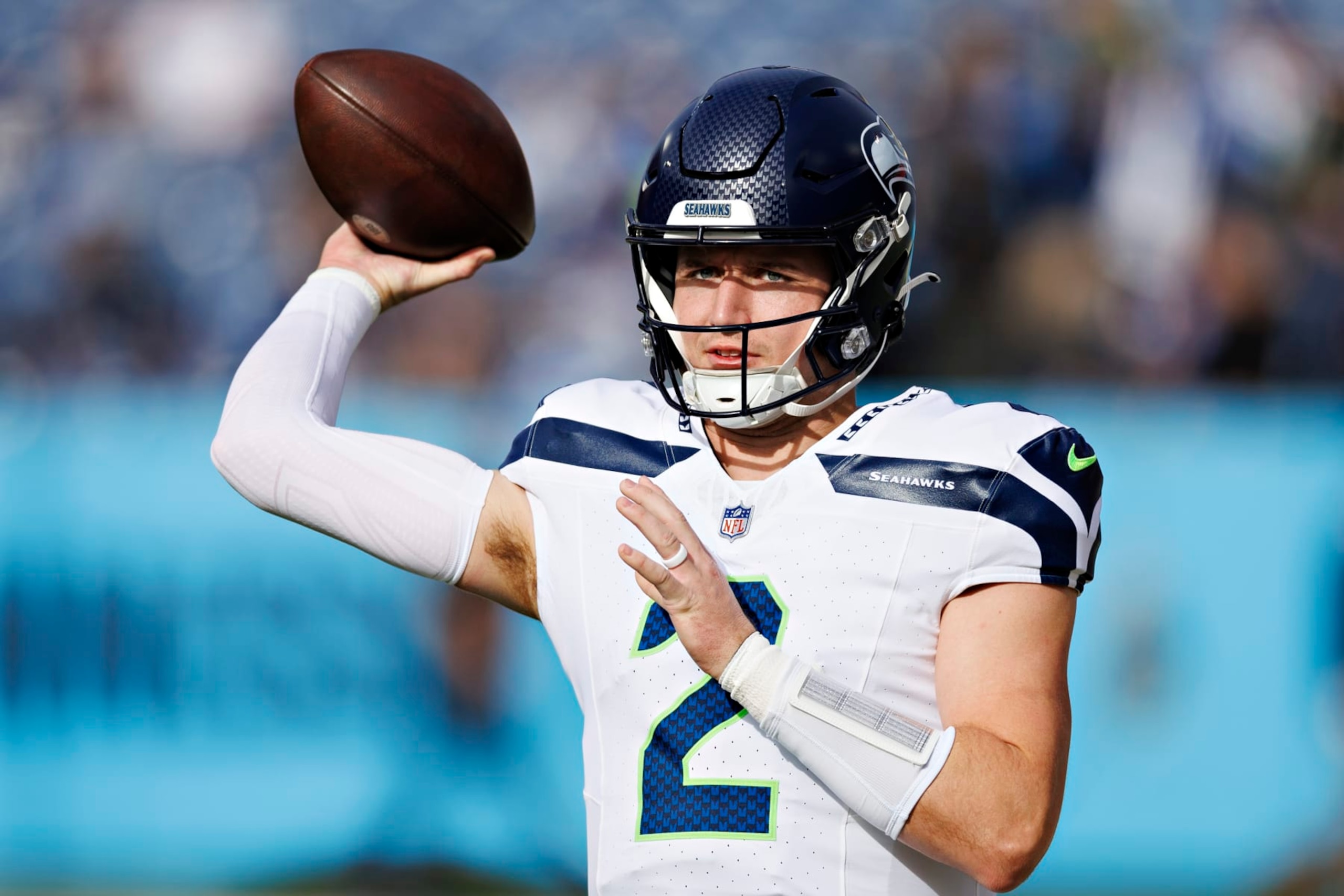 NASHVILLE, TENNESSEE - DECEMBER 24: Drew Lock #2 of the Seattle Seahawks warms up before the game against the Tennessee Titans at Nissan Stadium on December 24, 2023 in Nashville, Tennessee. The Seahawks defeated the Titans 20-17.  (Photo by Wesley Hitt/Getty Images)