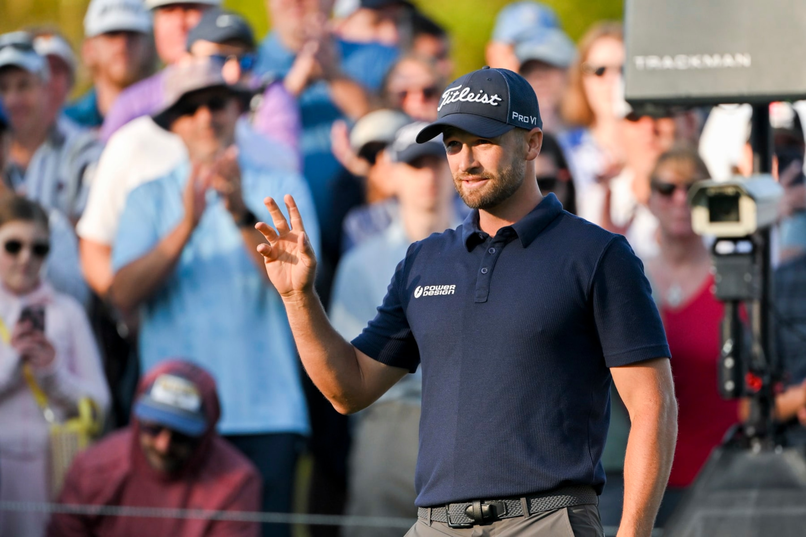 PONTE VEDRA BEACH, FLORIDA - MARCH 15: Wynham Clark waves to the crowd before hitting a tee shot on the 10th hole during the second round of THE PLAYERS Championship at Stadium Course at TPC Sawgrass on March 15, 2024 in Ponte Vedra Beach, Florida. (Photo by Ben Jared/PGA TOUR via Getty Images)