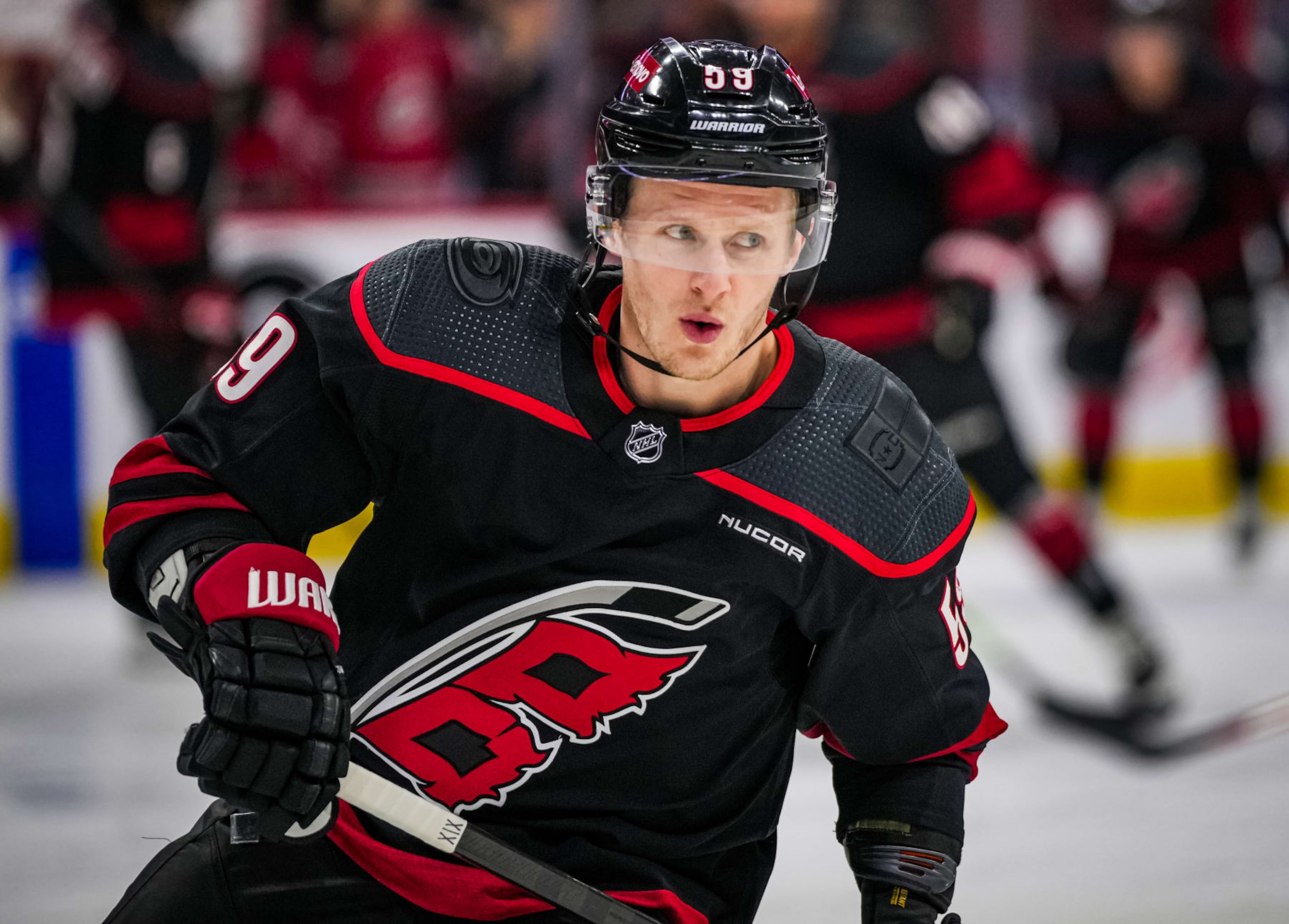 RALEIGH, NORTH CAROLINA - MARCH 14: Jake Guentzel #59 of the Carolina Hurricanes warms up prior to a game against the Florida Panthers at PNC Arena on March 14, 2024 in Raleigh, North Carolina. (Photo by Josh Lavallee/NHLI via Getty Images) RALEIGH, NORTH CAROLINA - MARCH 14: Jake Guentzel #59 of the Carolina Hurricanes warms up prior to a game against the Florida Panthers at PNC Arena on March 14, 2024 in Raleigh, North Carolina. (Photo by Josh Lavallee/NHLI via Getty Images)