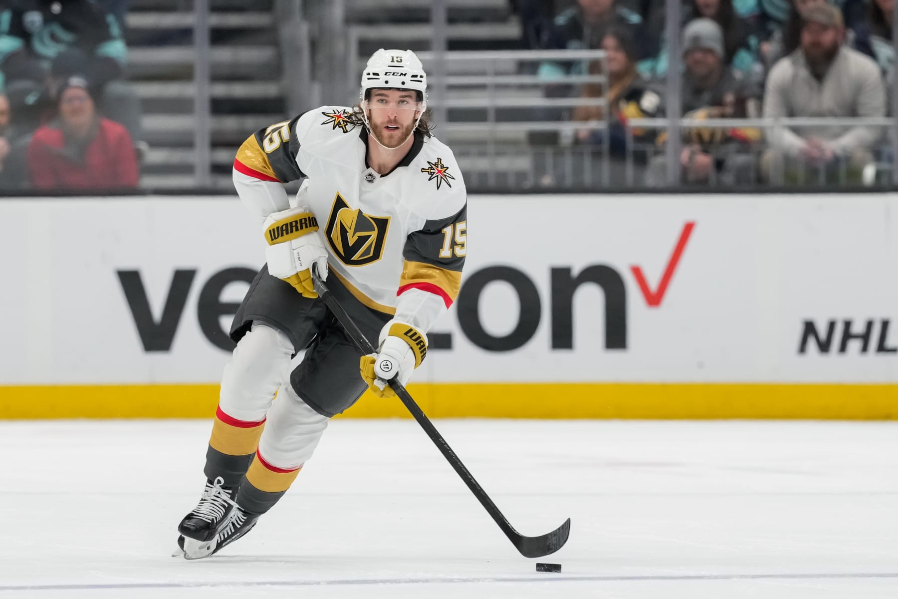 SEATTLE, WASHINGTON - MARCH 12: Noah Hanifin #15 of the Vegas Golden Knights skates with the puck during the second period of a game against the Seattle Kraken at Climate Pledge Arena on March 12, 2024 in Seattle, Washington. (Photo by Christopher Mast/NHLI via Getty Images)