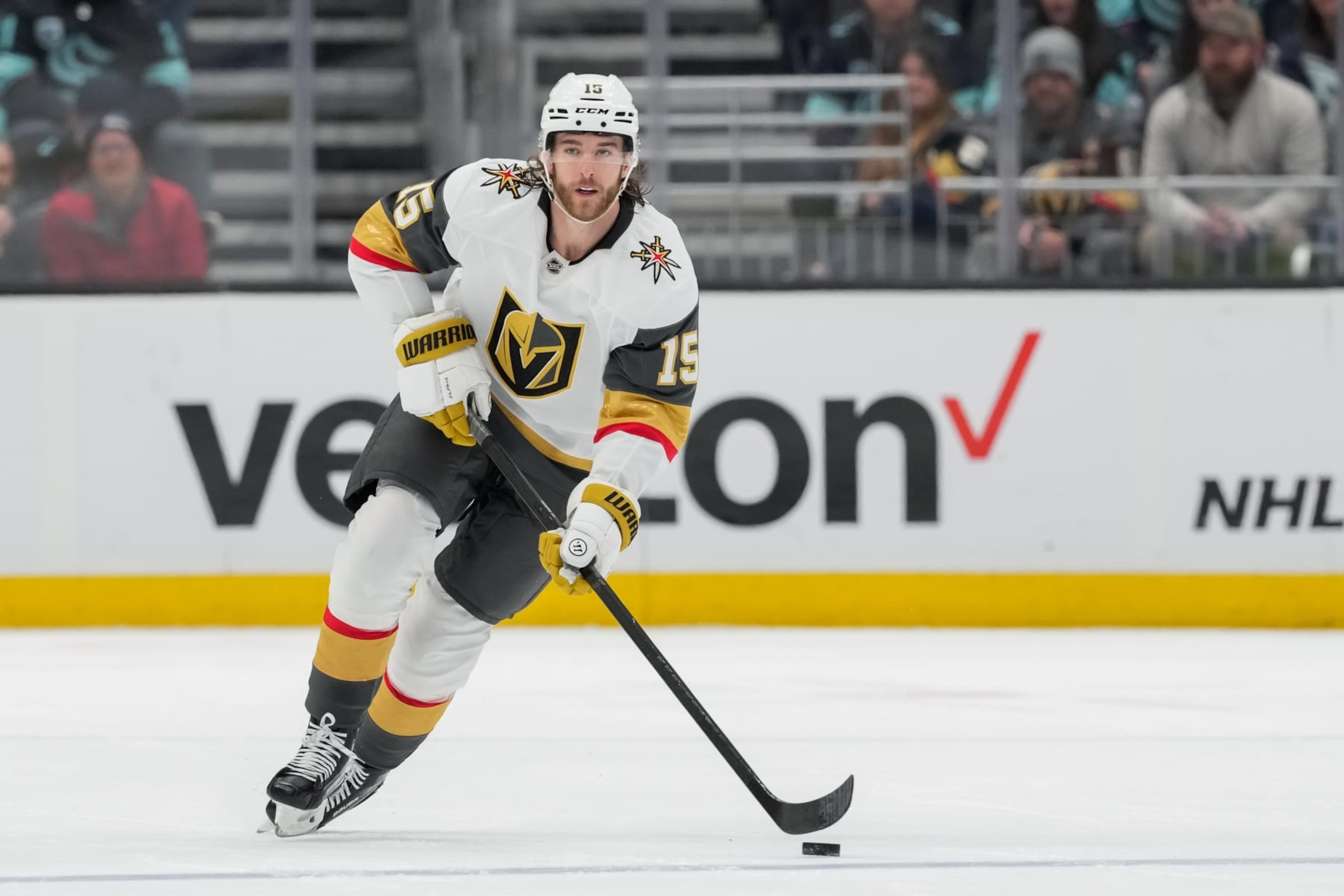 SEATTLE, WASHINGTON - MARCH 12: Noah Hanifin #15 of the Vegas Golden Knights skates with the puck during the second period of a game against the Seattle Kraken at Climate Pledge Arena on March 12, 2024 in Seattle, Washington. (Photo by Christopher Mast/NHLI via Getty Images) SEATTLE, WASHINGTON - MARCH 12: Noah Hanifin #15 of the Vegas Golden Knights skates with the puck during the second period of a game against the Seattle Kraken at Climate Pledge Arena on March 12, 2024 in Seattle, Washington. (Photo by Christopher Mast/NHLI via Getty Images)