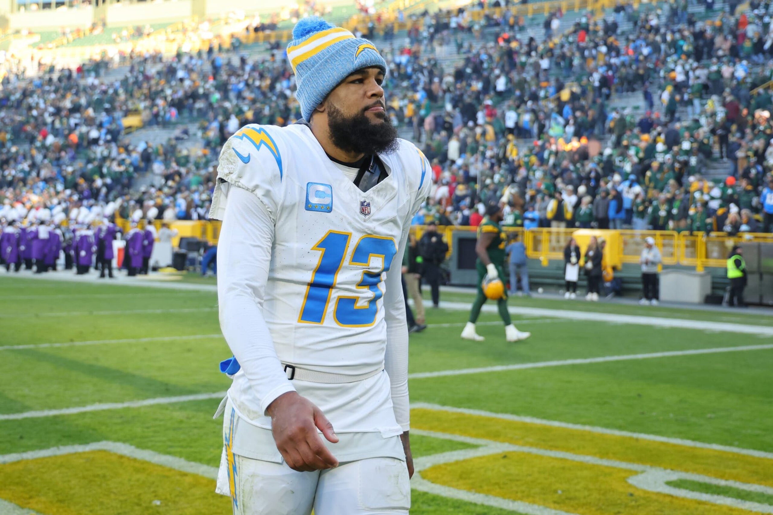 GREEN BAY, WISCONSIN - NOVEMBER 19: Keenan Allen #13 of the Los Angeles Chargers walks off the field after losing to the Green Bay Packers 23-20 at Lambeau Field on November 19, 2023 in Green Bay, Wisconsin. (Photo by Stacy Revere/Getty Images)