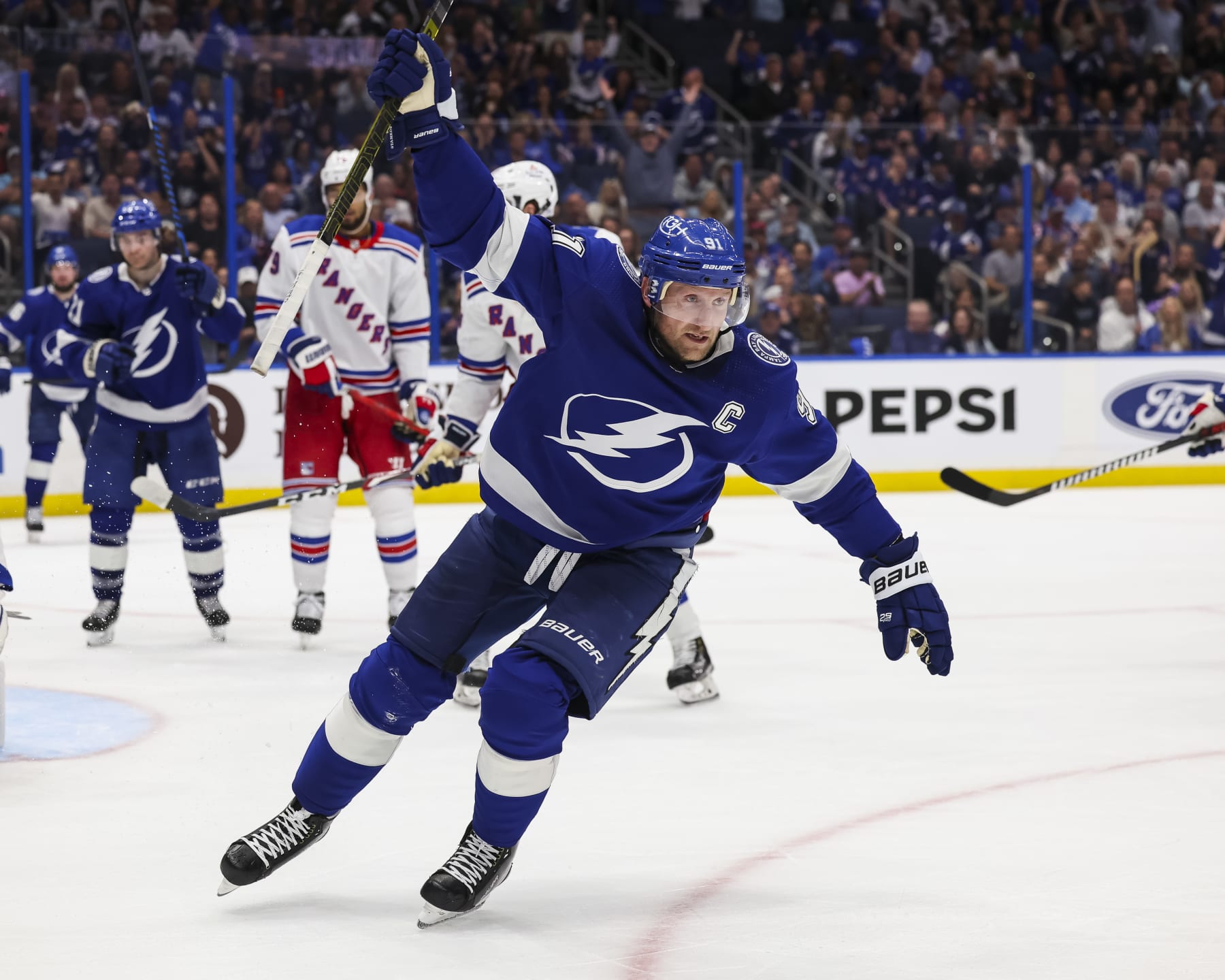 TAMPA, FL - MARCH 14: Steven Stamkos #91 of the Tampa Bay Lightning celebrates a goal against the New York Rangers during the third period at Amalie Arena on March 14, 2024 in Tampa, Florida. (Photo by Mark LoMoglio/NHLI via Getty Images)