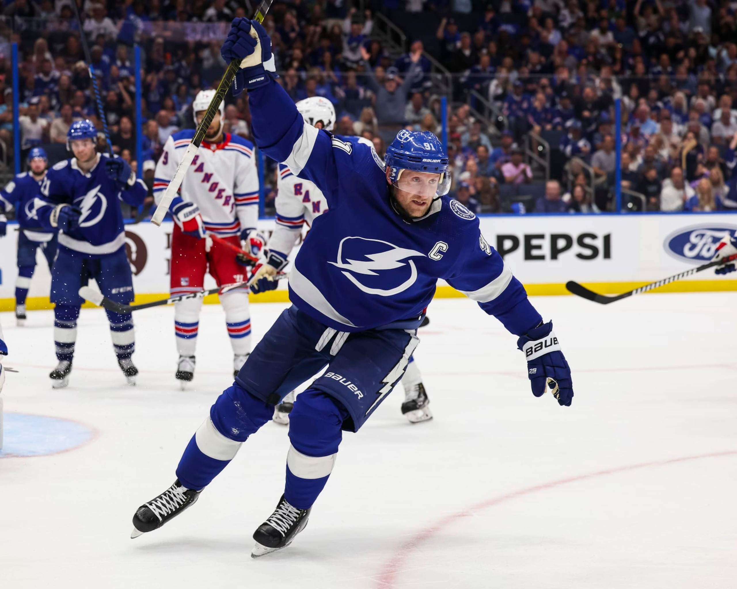 TAMPA, FL - MARCH 14: Steven Stamkos #91 of the Tampa Bay Lightning celebrates a goal against the New York Rangers during the third period at Amalie Arena on March 14, 2024 in Tampa, Florida. (Photo by Mark LoMoglio/NHLI via Getty Images) TAMPA, FL - MARCH 14: Steven Stamkos #91 of the Tampa Bay Lightning celebrates a goal against the New York Rangers during the third period at Amalie Arena on March 14, 2024 in Tampa, Florida. (Photo by Mark LoMoglio/NHLI via Getty Images)