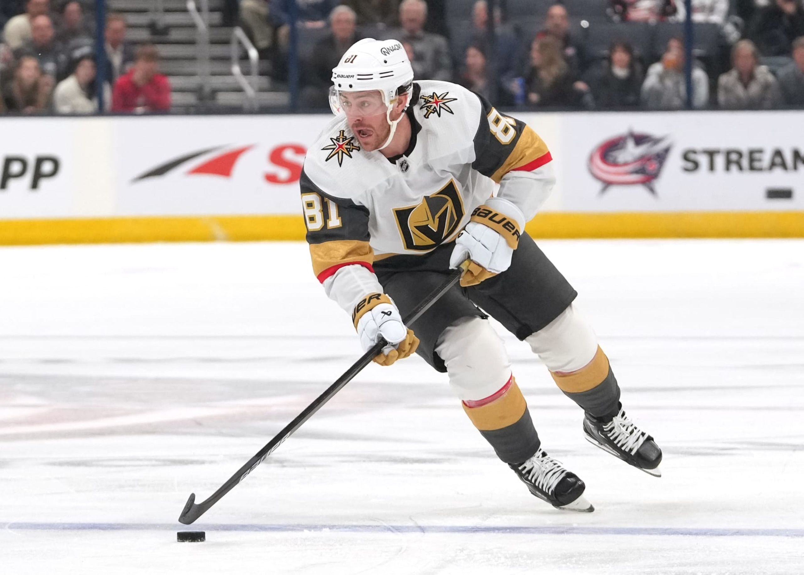 COLUMBUS, OHIO - MARCH 04: Jonathan Marchessault #81 of the Vegas Golden Knights skates with the puck during the first period `ac at Nationwide Arena on March 04, 2024 in Columbus, Ohio. (Photo by Jason Mowry/Getty Images) COLUMBUS, OHIO - MARCH 04: Jonathan Marchessault #81 of the Vegas Golden Knights skates with the puck during the first period `ac at Nationwide Arena on March 04, 2024 in Columbus, Ohio. (Photo by Jason Mowry/Getty Images)