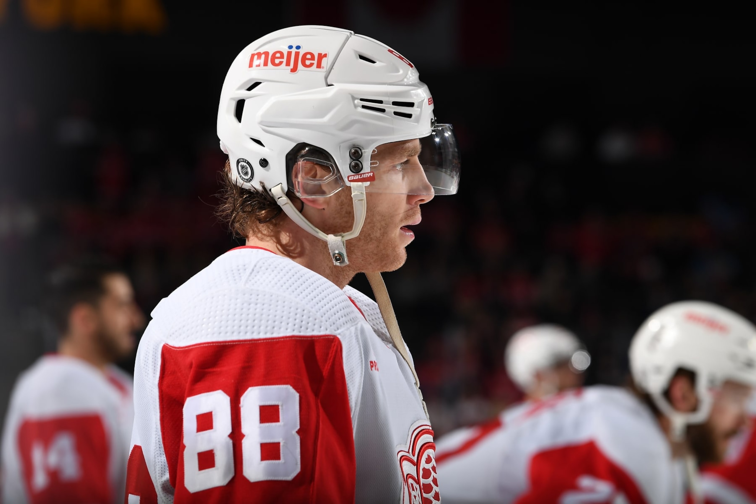 TEMPE, ARIZONA - MARCH 08: Patrick Kane #88 of the Detroit Red Wings looks on during warmups prior to the game against the Arizona Coyotes at Mullett Arena on March 08, 2024 in Tempe, Arizona. (Photo by Norm Hall/NHLI via Getty Images) TEMPE, ARIZONA - MARCH 08: Patrick Kane #88 of the Detroit Red Wings looks on during warmups prior to the game against the Arizona Coyotes at Mullett Arena on March 08, 2024 in Tempe, Arizona. (Photo by Norm Hall/NHLI via Getty Images)