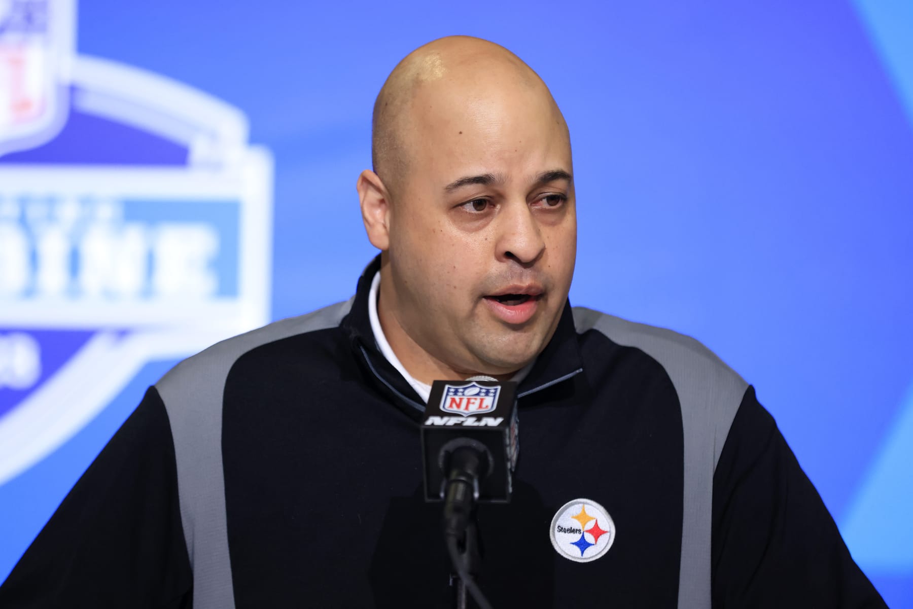 INDIANAPOLIS, INDIANA - FEBRUARY 28: General Manager Omar Khan of the Pittsburgh Steelers speaks to the media during the NFL Combine at Lucas Oil Stadium on February 28, 2023 in Indianapolis, Indiana. (Photo by Justin Casterline/Getty Images)