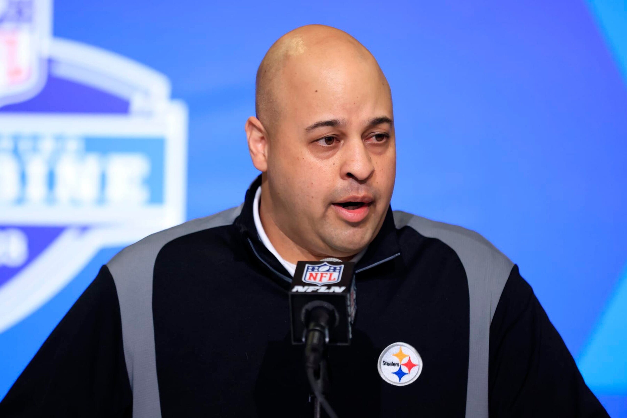 INDIANAPOLIS, INDIANA - FEBRUARY 28: General Manager Omar Khan of the Pittsburgh Steelers speaks to the media during the NFL Combine at Lucas Oil Stadium on February 28, 2023 in Indianapolis, Indiana. (Photo by Justin Casterline/Getty Images)