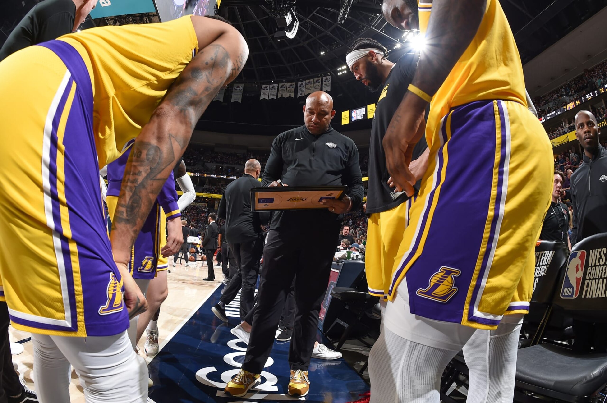 DENVER, CO - MAY 16: A view of the Los Angeles Lakers huddle during the game during round 3 game 1 of the 2023 NBA Playoffs Western Conference Finals on May 16, 2023 at the Ball Arena in Denver, Colorado. NOTE TO USER: User expressly acknowledges and agrees that, by downloading and/or using this Photograph, user is consenting to the terms and conditions of the Getty Images License Agreement. Mandatory Copyright Notice: Copyright 2023 NBAE (Photo by Andrew D. Bernstein/NBAE via Getty Images)