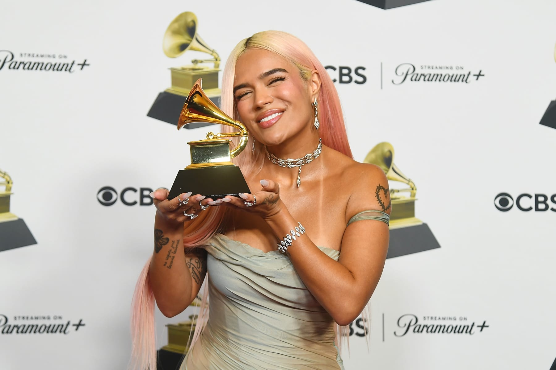 LOS ANGELES, CALIFORNIA - FEBRUARY 04: Karol G, winner of the "Best Música Urbana" award for "Mañana Será Bonito", poses in the press room during the 66th GRAMMY Awards at Crypto.com Arena on February 04, 2024 in Los Angeles, California. (Photo by Alberto E. Rodriguez/Getty Images for The Recording Academy)