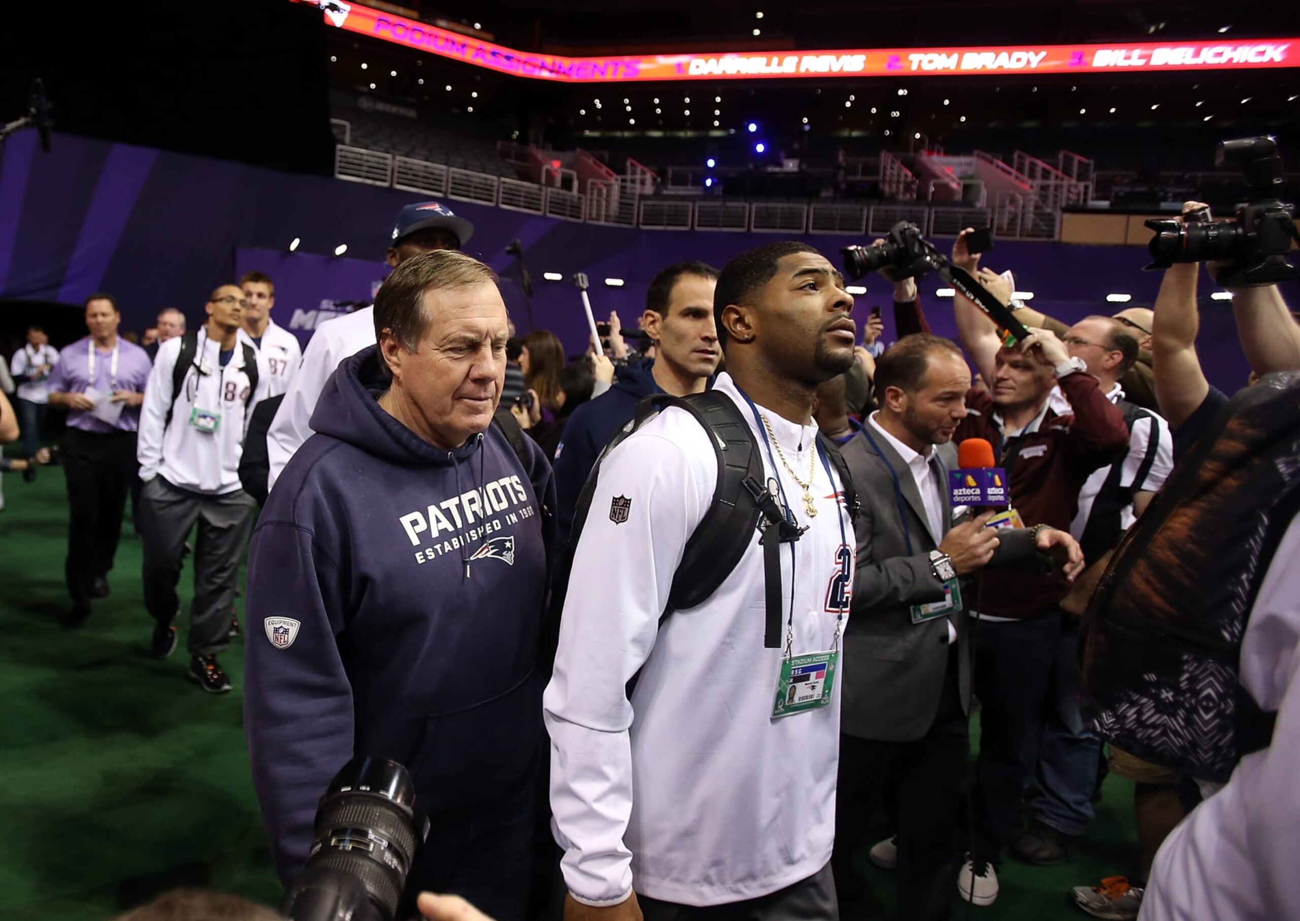 27 January 2015: New England Patriots head coach Bill Belichick (left) and strong safety Malcolm Butler #21 (right) walk out for Super Bowl XLIX Media Day at US Airways Center in Phoenix, Az. (Photo by Chris Coduto/Icon Sportswire/Corbis/Icon Sportswire via Getty Images)