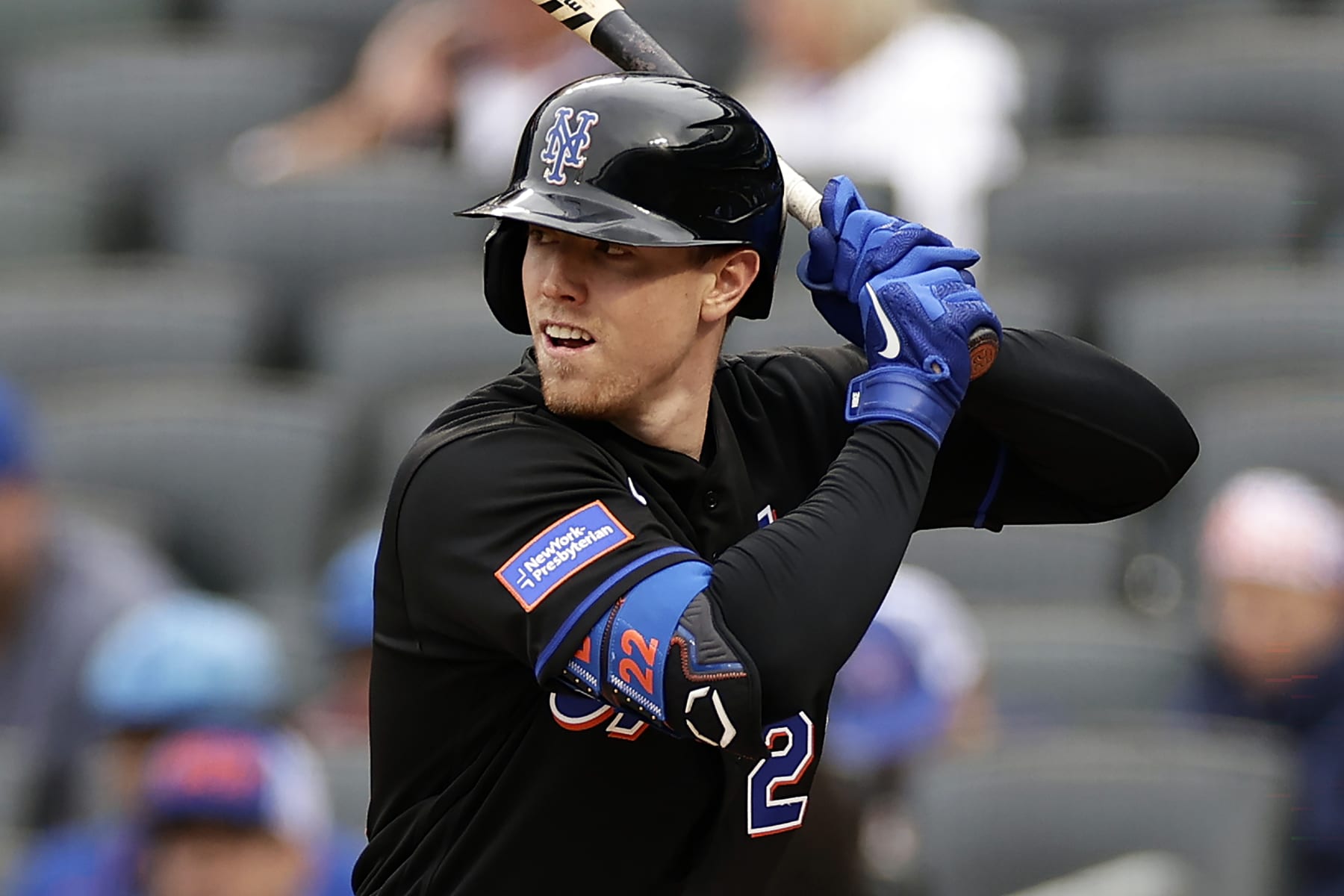 NEW YORK, NY - SEPTEMBER 30: Brett Baty #22 of the New York Mets in action against the Philadelphia Phillies during the first inning of the first game of a doubleheader at Citi Field on September 30, 2023 in New York City. (Photo by Adam Hunger/Getty Images)