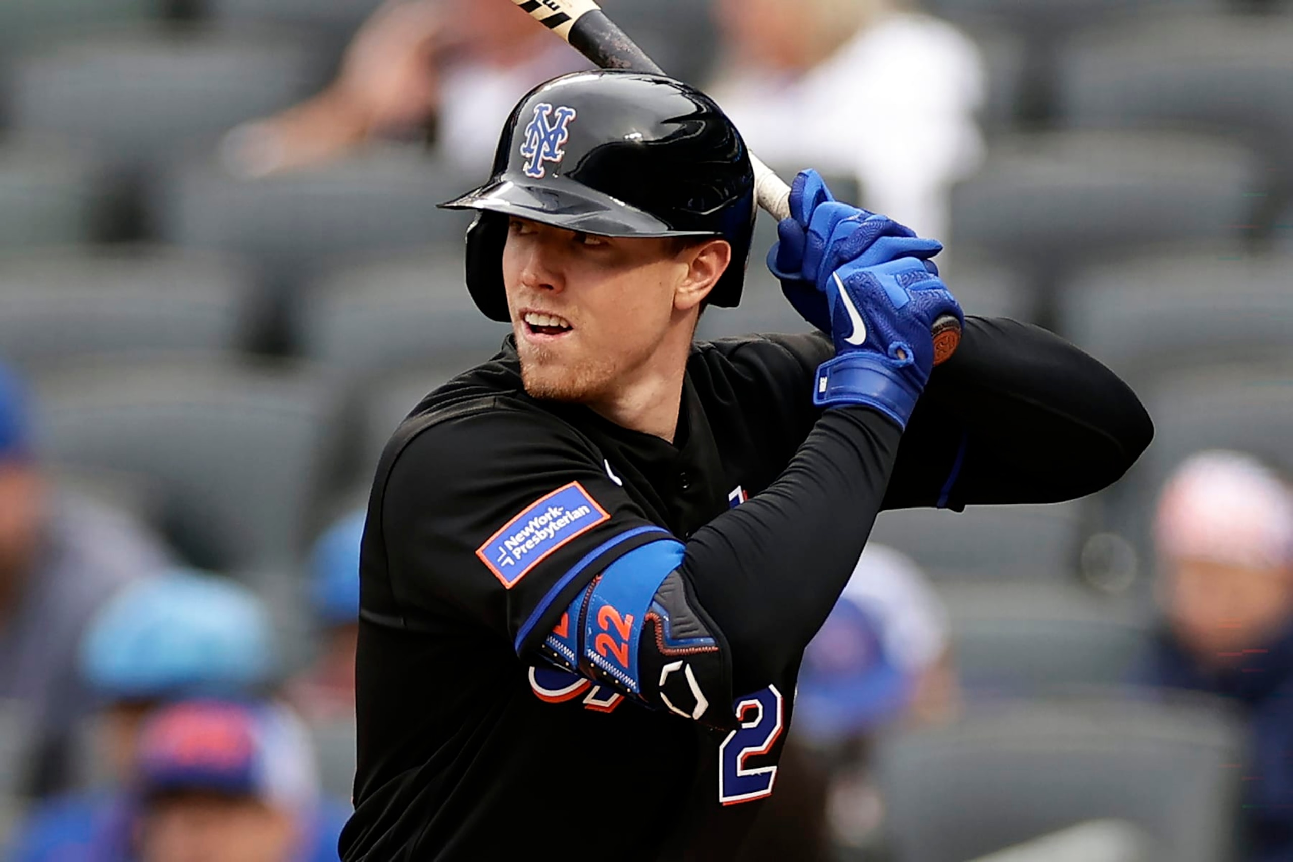 NEW YORK, NY - SEPTEMBER 30: Brett Baty #22 of the New York Mets in action against the Philadelphia Phillies during the first inning of the first game of a doubleheader at Citi Field on September 30, 2023 in New York City. (Photo by Adam Hunger/Getty Images)
