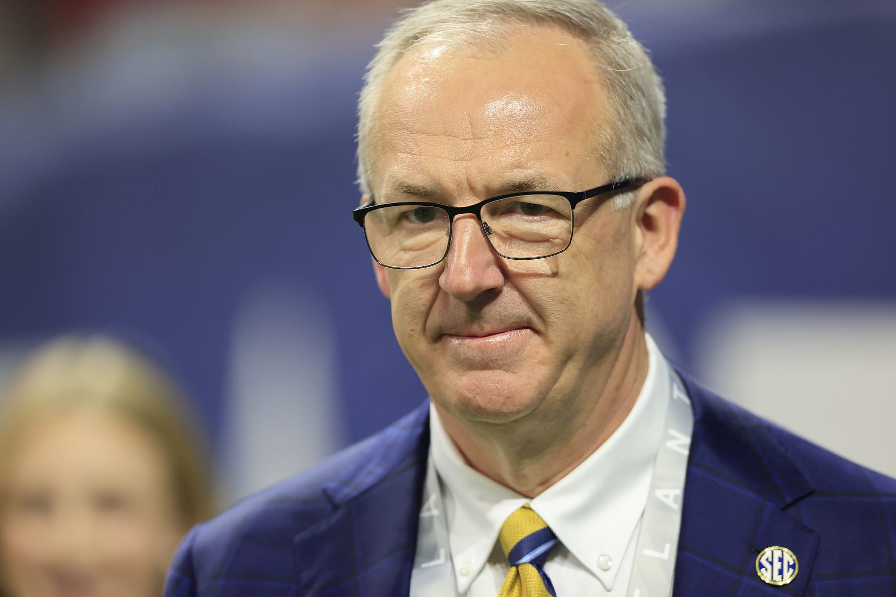 ATLANTA, GA - DECEMBER 02:  SEC Comissioner Greg Sankey looks on before the college football SEC Championship game between the Alabama Crimson Tide and the Georgia Bulldogs on December 2, 2023 at the Mercedes-Benz Stadium in Atlanta, GA.  (Photo by David J. Griffin/Icon Sportswire via Getty Images)