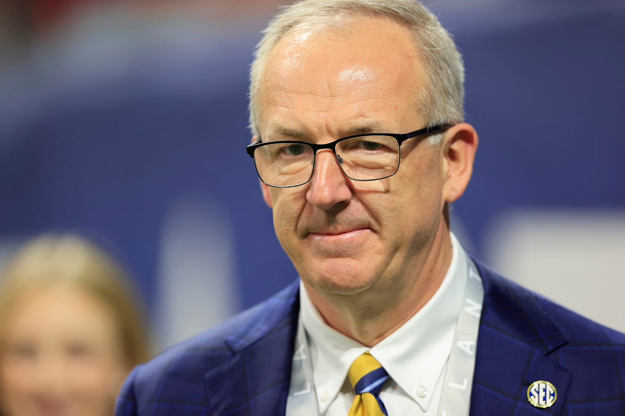 ATLANTA, GA - DECEMBER 02:  SEC Comissioner Greg Sankey looks on before the college football SEC Championship game between the Alabama Crimson Tide and the Georgia Bulldogs on December 2, 2023 at the Mercedes-Benz Stadium in Atlanta, GA.  (Photo by David J. Griffin/Icon Sportswire via Getty Images)