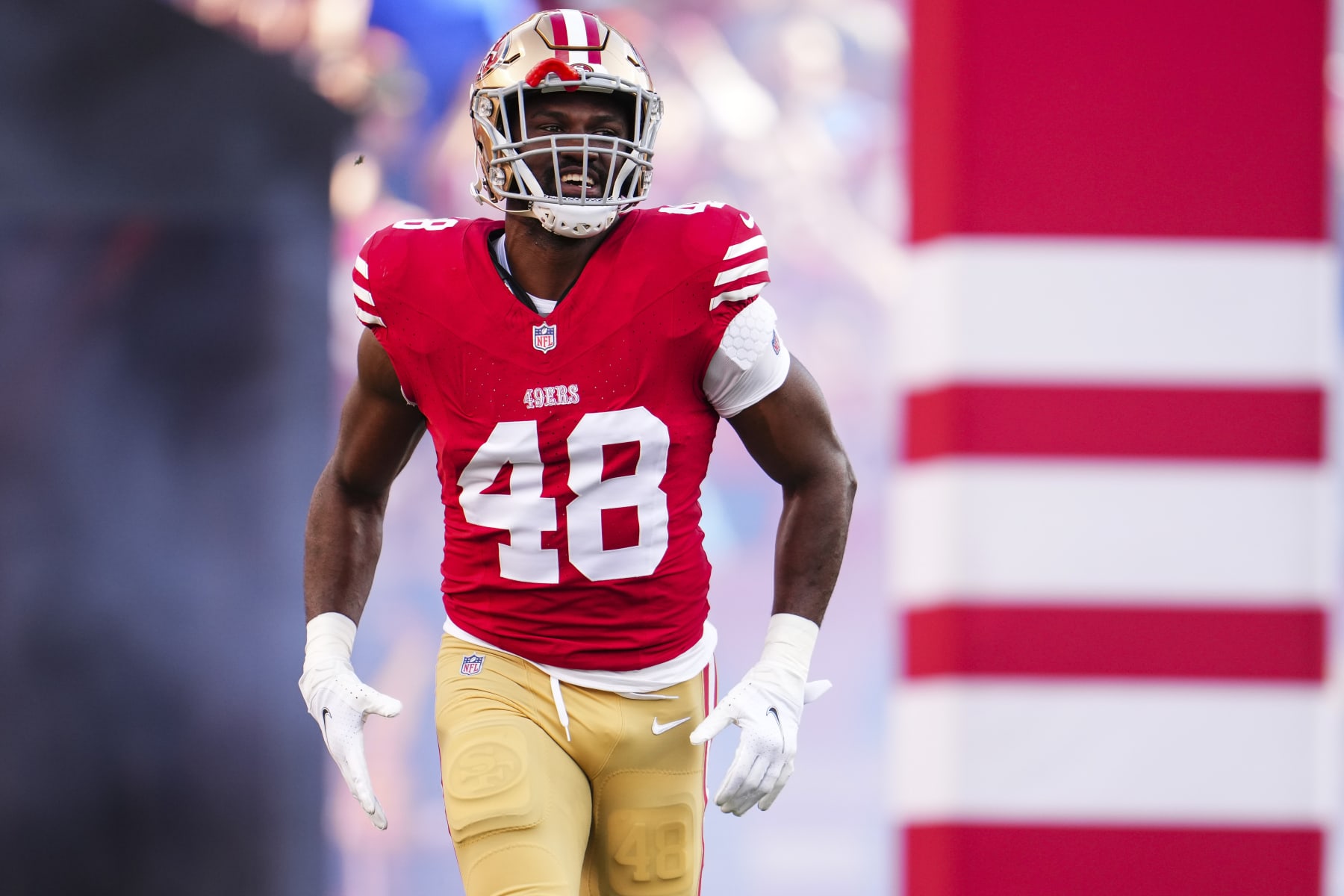 SANTA CLARA, CA - JANUARY 28: Oren Burks #48 of the San Francisco 49ers runs onto the field prior to the NFC Championship NFL football game against the Detroit Lions at Levi's Stadium on January 28, 2024 in Santa Clara, California. (Photo by Cooper Neill/Getty Images) SANTA CLARA, CA - JANUARY 28: Oren Burks #48 of the San Francisco 49ers runs onto the field prior to the NFC Championship NFL football game against the Detroit Lions at Levi's Stadium on January 28, 2024 in Santa Clara, California. (Photo by Cooper Neill/Getty Images)