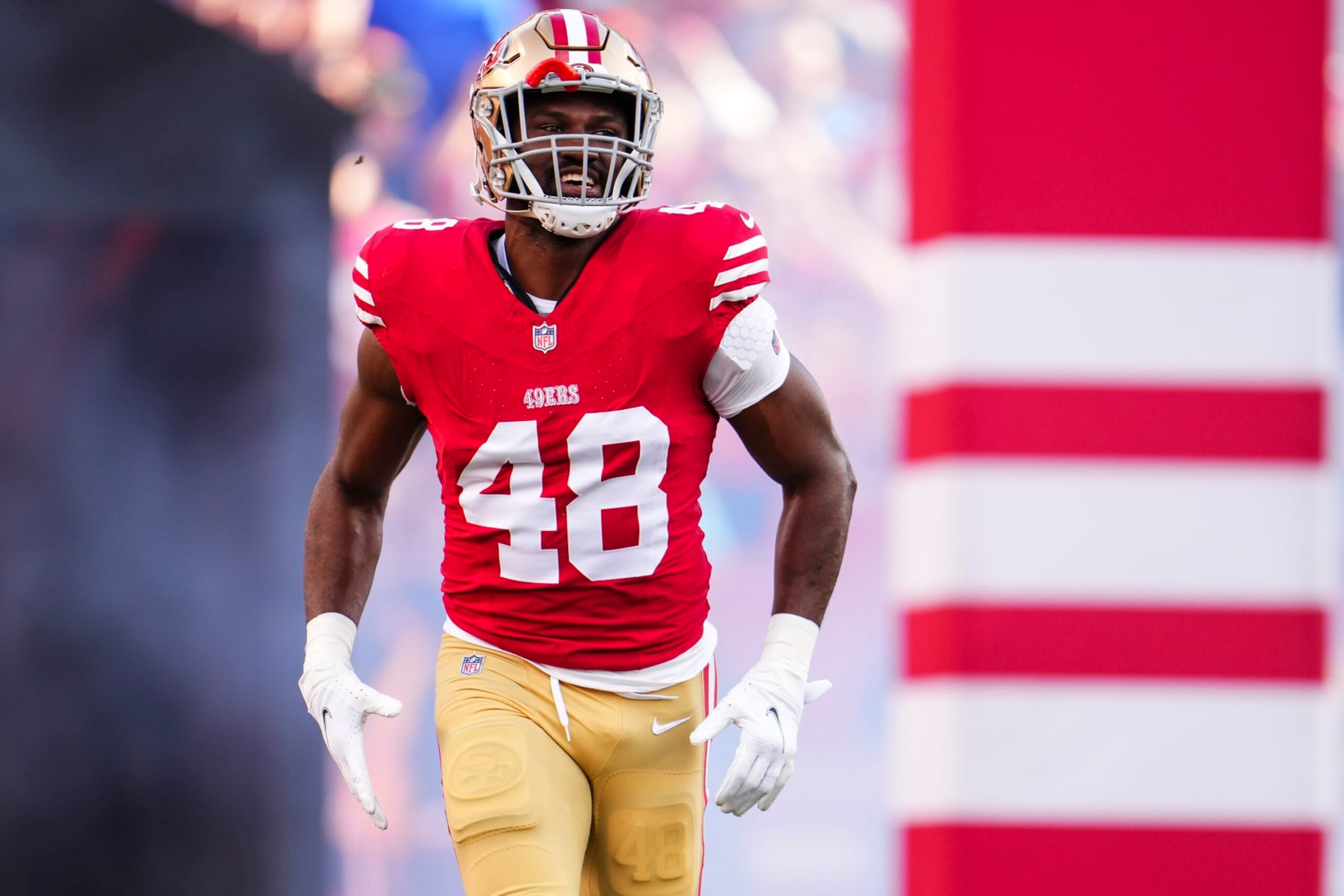 SANTA CLARA, CA - JANUARY 28: Oren Burks #48 of the San Francisco 49ers runs onto the field prior to the NFC Championship NFL football game against the Detroit Lions at Levi's Stadium on January 28, 2024 in Santa Clara, California. (Photo by Cooper Neill/Getty Images)