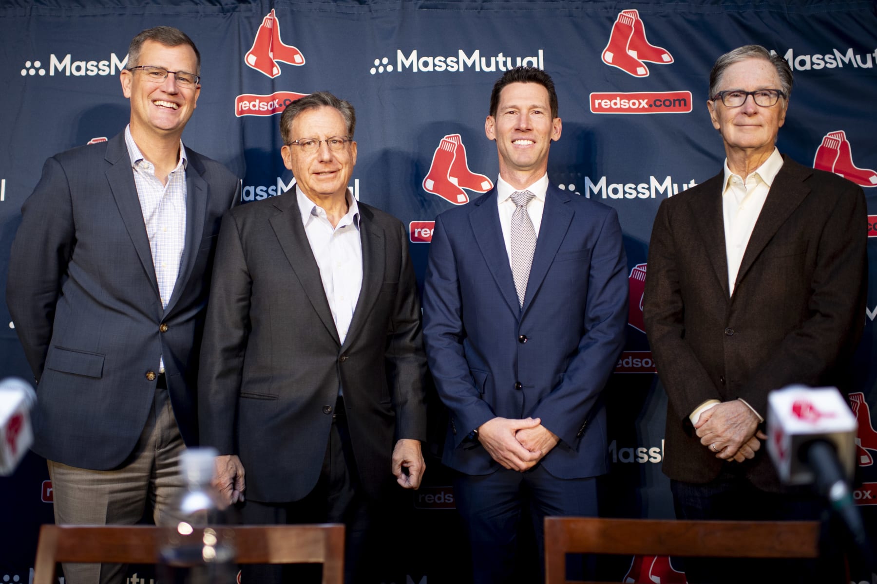BOSTON, MA - NOVEMBER 2: Boston Red Sox President & CEO Sam Kennedy, Boston Red Sox chairman Tom Werner, Craig Breslow, and Boston Red Sox Principal Owner John Henry pose for a photo as Breslow is officially introduced as Chief Baseball Officer of the Boston Red Sox during a press conference  on November 2, 2023 at Fenway Park in Boston, Massachusetts. (Photo by Maddie Malhotra/Boston Red Sox/Getty Images)