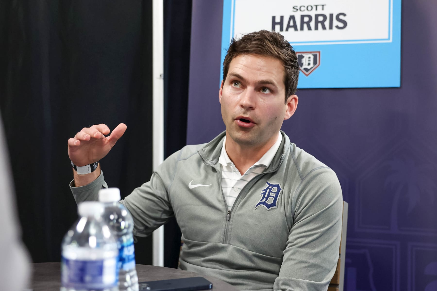 TAMPA, FL - FEBRUARY 15: President of baseball operations Scott Harris of the Detroit Tigers speaks during the 2024 Grapefruit League Spring Training Media Day at George M. Steinbrenner Field on Thursday, February 15, 2024 in Tampa, Florida. (Photo by Mike Carlson/MLB Photos via Getty Images)