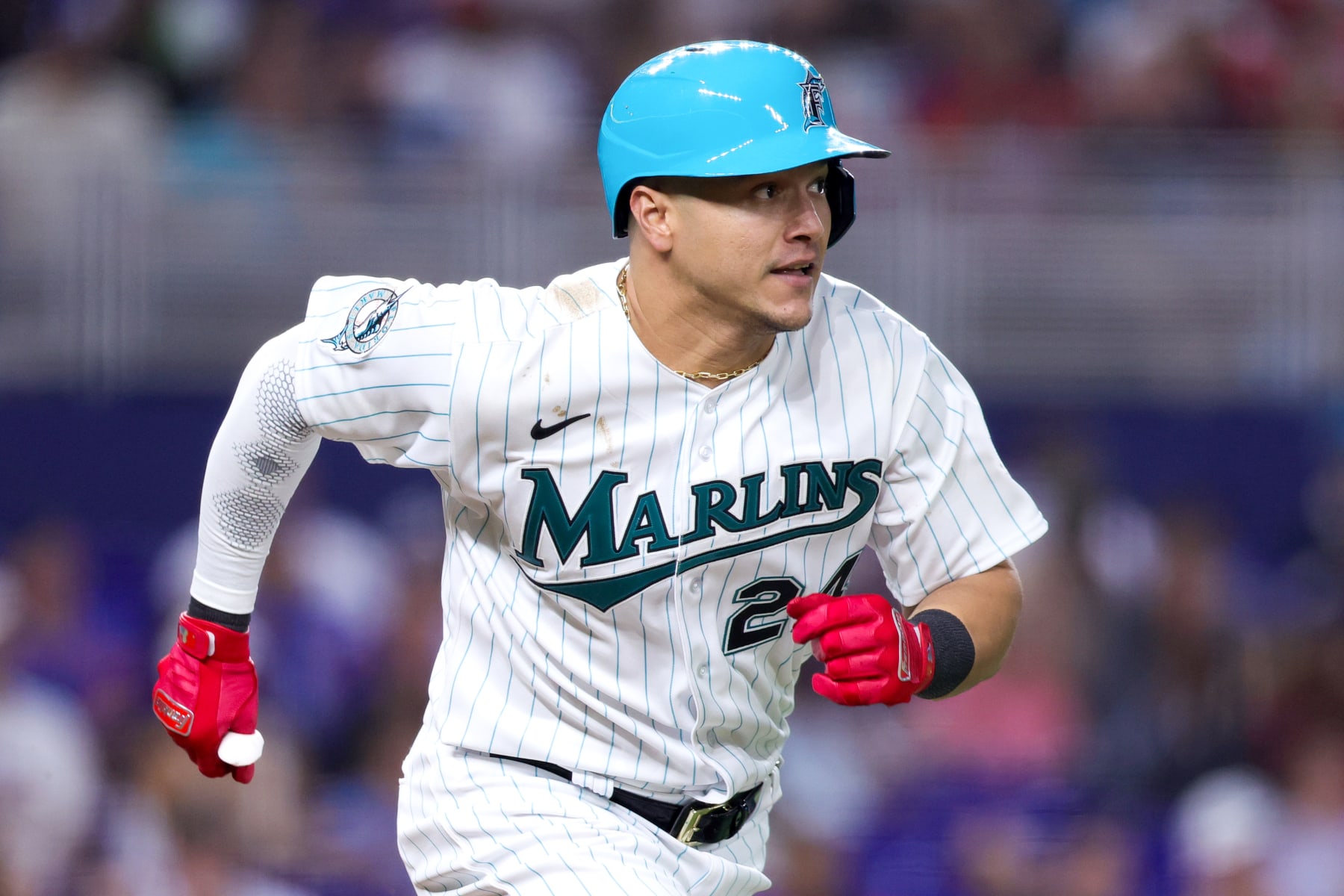 MIAMI, FLORIDA - APRIL 28: Avisail Garcia #24 of the Miami Marlins in action against the Chicago Cubs during the seventh inning at loanDepot park on April 28, 2023 in Miami, Florida. (Photo by Megan Briggs/Getty Images)