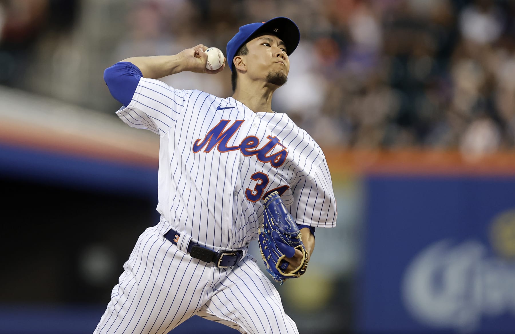 NEW YORK, NEW YORK - AUGUST 13:  Kodai Senga #34 of the New York Mets in action against the Atlanta Braves at Citi Field on August 13, 2023 in New York City. The Mets defeated the Braves 7-6. (Photo by Jim McIsaac/Getty Images)
