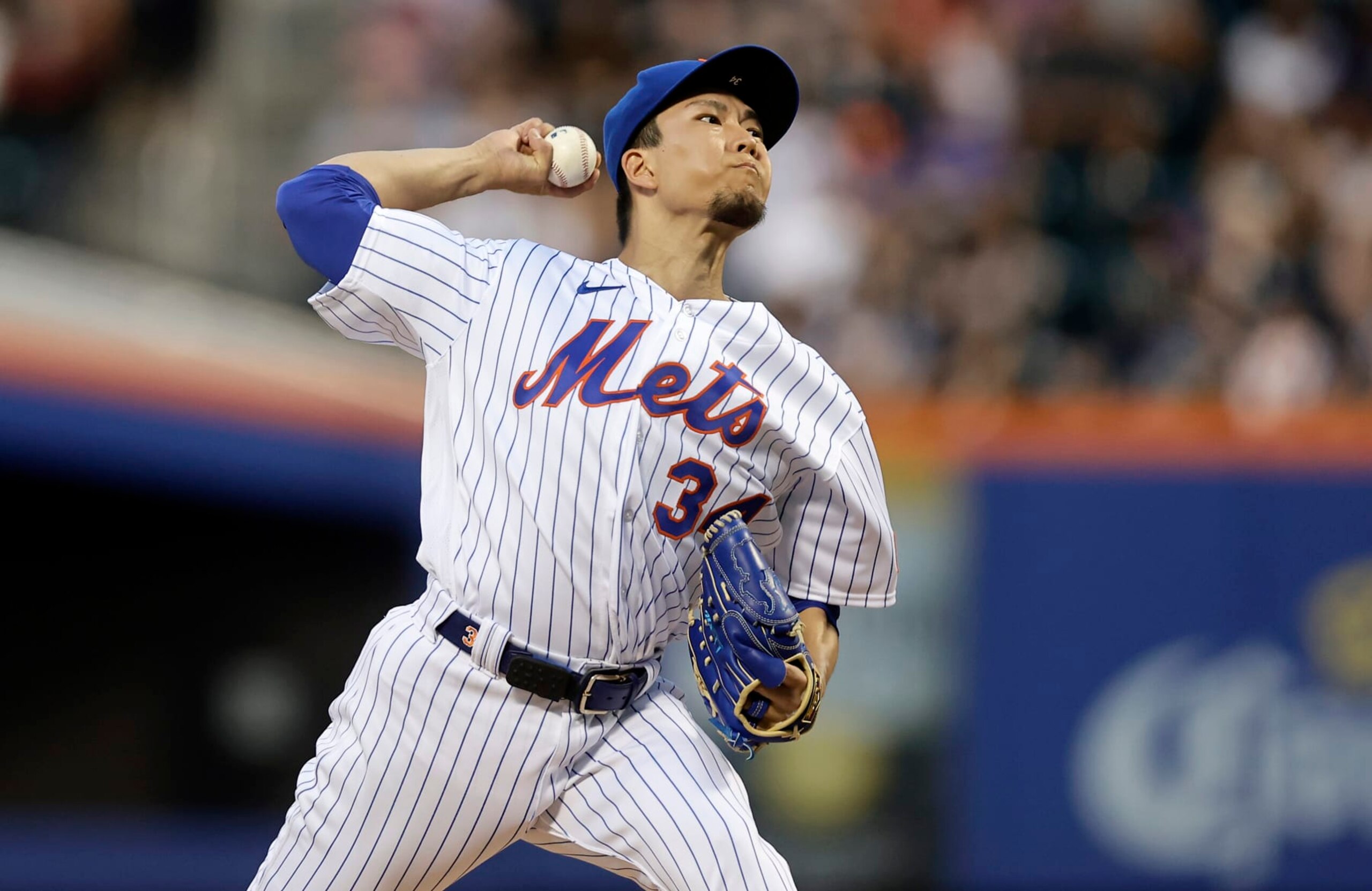 NEW YORK, NEW YORK - AUGUST 13:  Kodai Senga #34 of the New York Mets in action against the Atlanta Braves at Citi Field on August 13, 2023 in New York City. The Mets defeated the Braves 7-6. (Photo by Jim McIsaac/Getty Images)