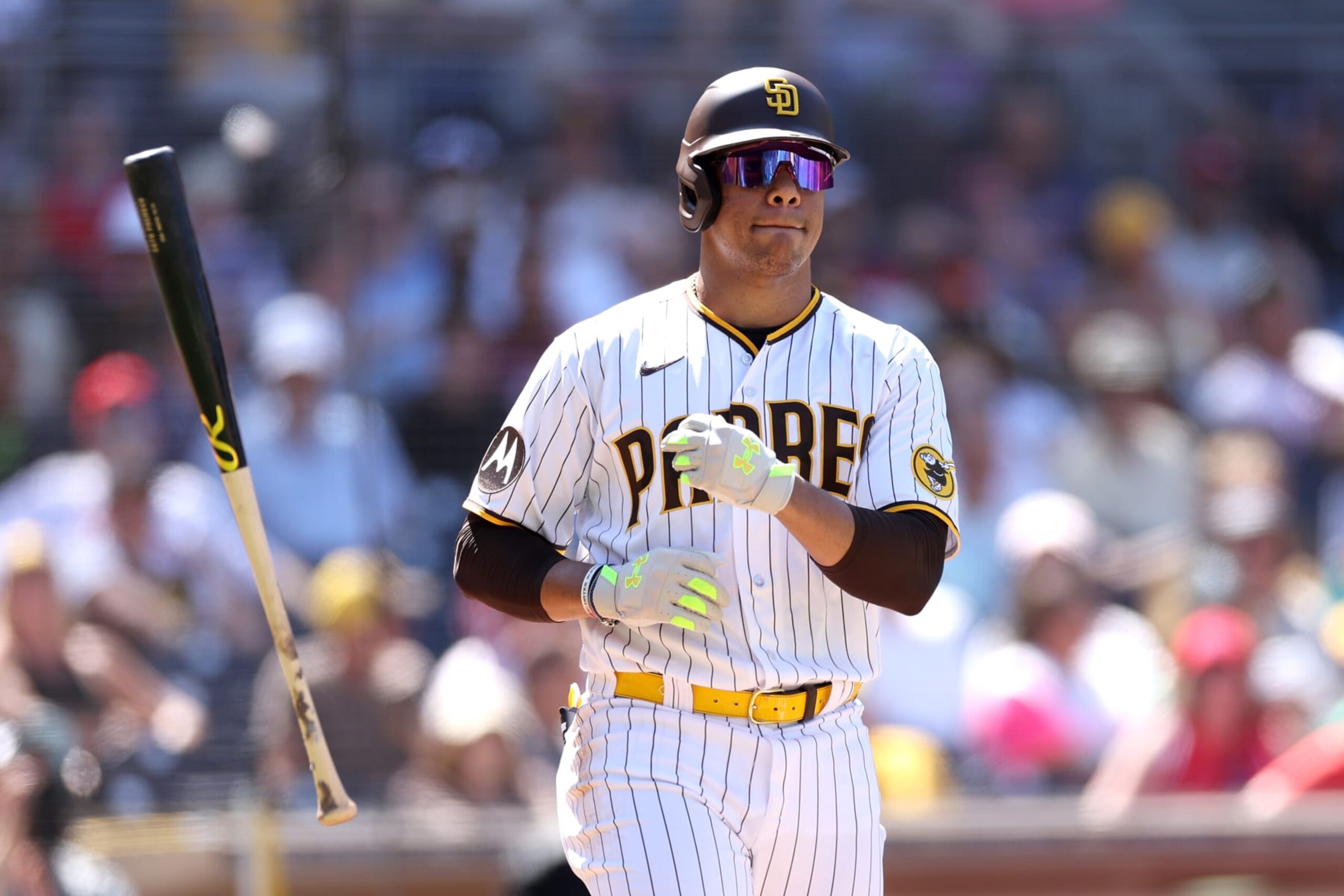 SAN DIEGO, CALIFORNIA - SEPTEMBER 06: Juan Soto #22 of the San Diego Padres reacts to a walk during the fourth inning of a game against the Philadelphia Phillies at PETCO Park on September 06, 2023 in San Diego, California. (Photo by Sean M. Haffey/Getty Images)