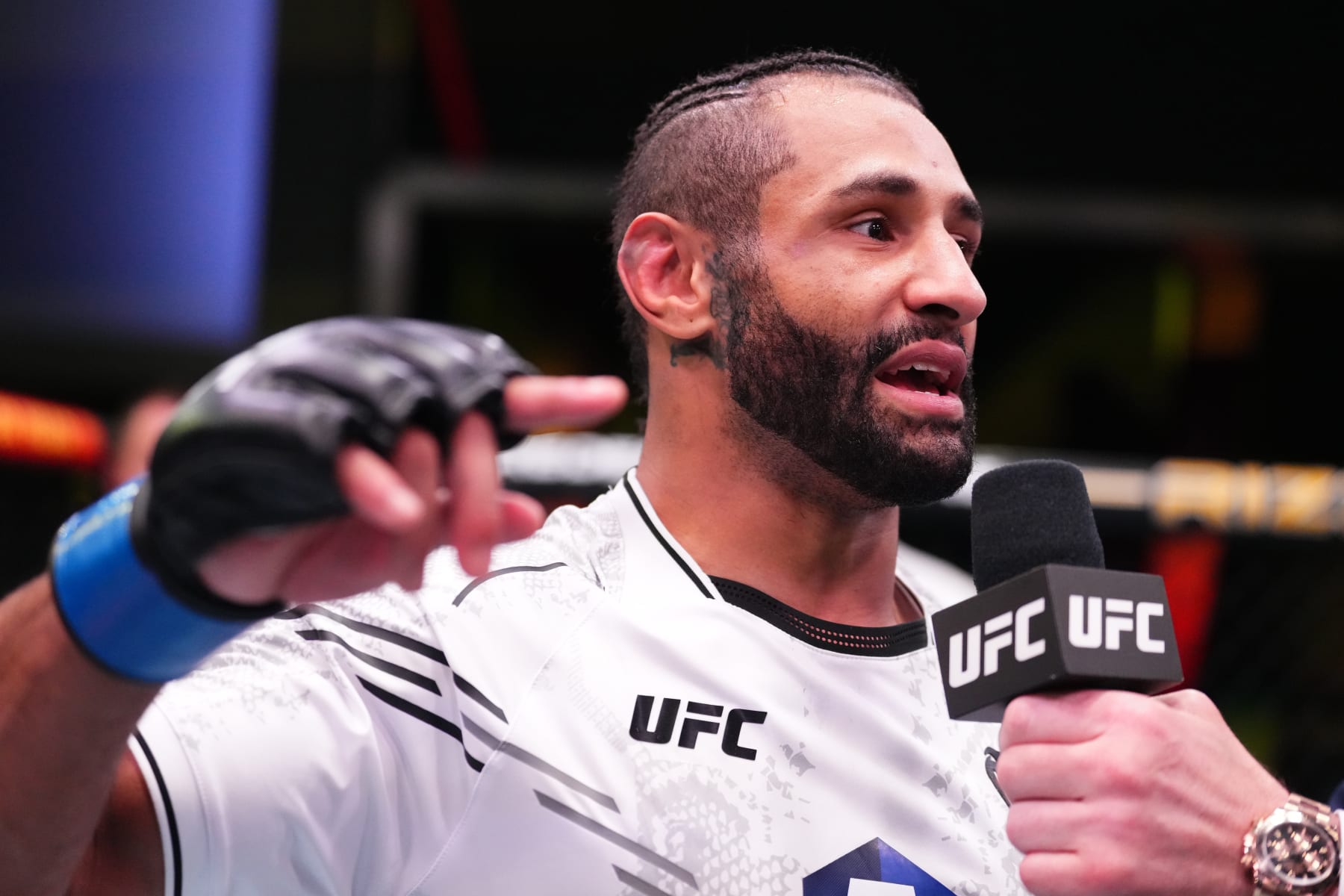 LAS VEGAS, NEVADA - MARCH 16: Mike Davis is interviewed after his submission victory over Natan Levy of France in their lightweight fight during the UFC Fight Night event at UFC APEX on March 16, 2024 in Las Vegas, Nevada. (Photo by Jeff Bottari/Zuffa LLC via Getty Images)
