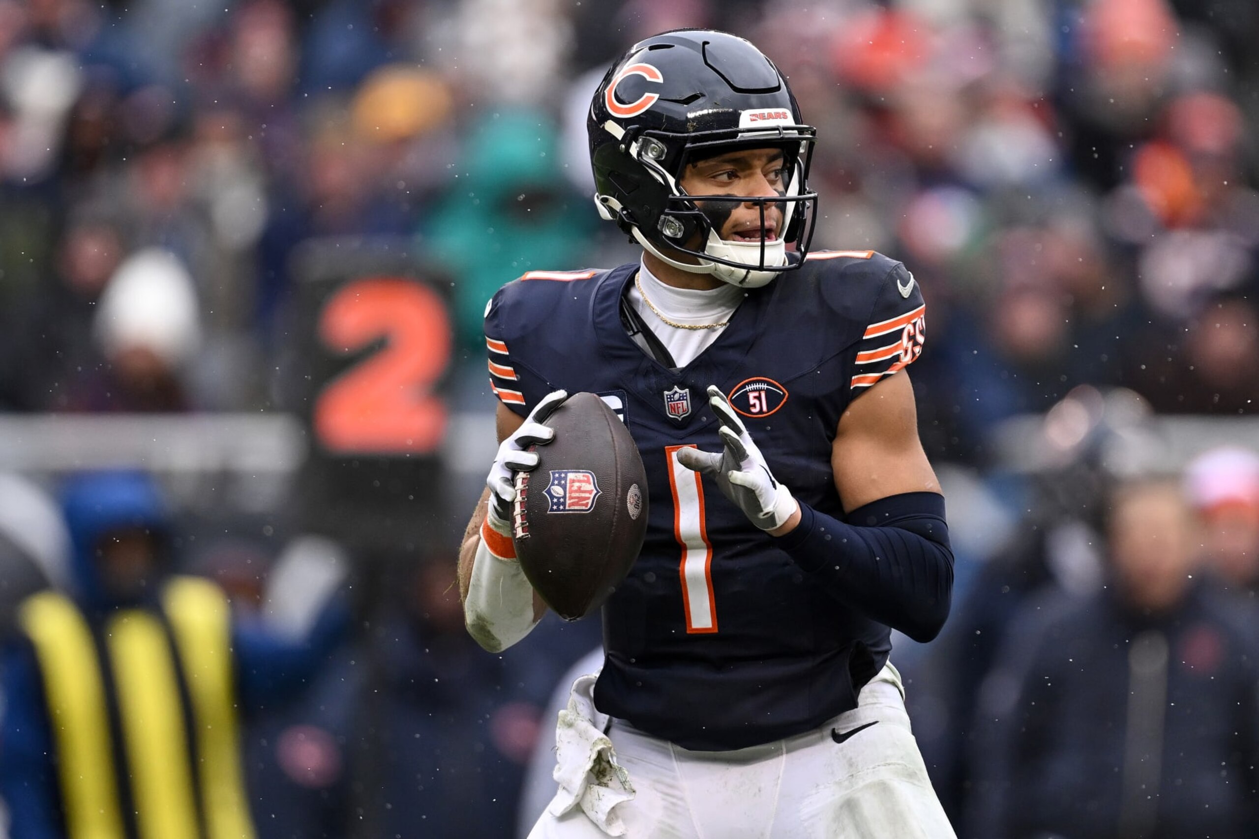 CHICAGO, ILLINOIS - DECEMBER 31: Justin Fields #1 of the Chicago Bears attempts a pass during the second quarter against the Atlanta Falcons at Soldier Field on December 31, 2023 in Chicago, Illinois. (Photo by Quinn Harris/Getty Images) CHICAGO, ILLINOIS - DECEMBER 31: Justin Fields #1 of the Chicago Bears attempts a pass during the second quarter against the Atlanta Falcons at Soldier Field on December 31, 2023 in Chicago, Illinois. (Photo by Quinn Harris/Getty Images)