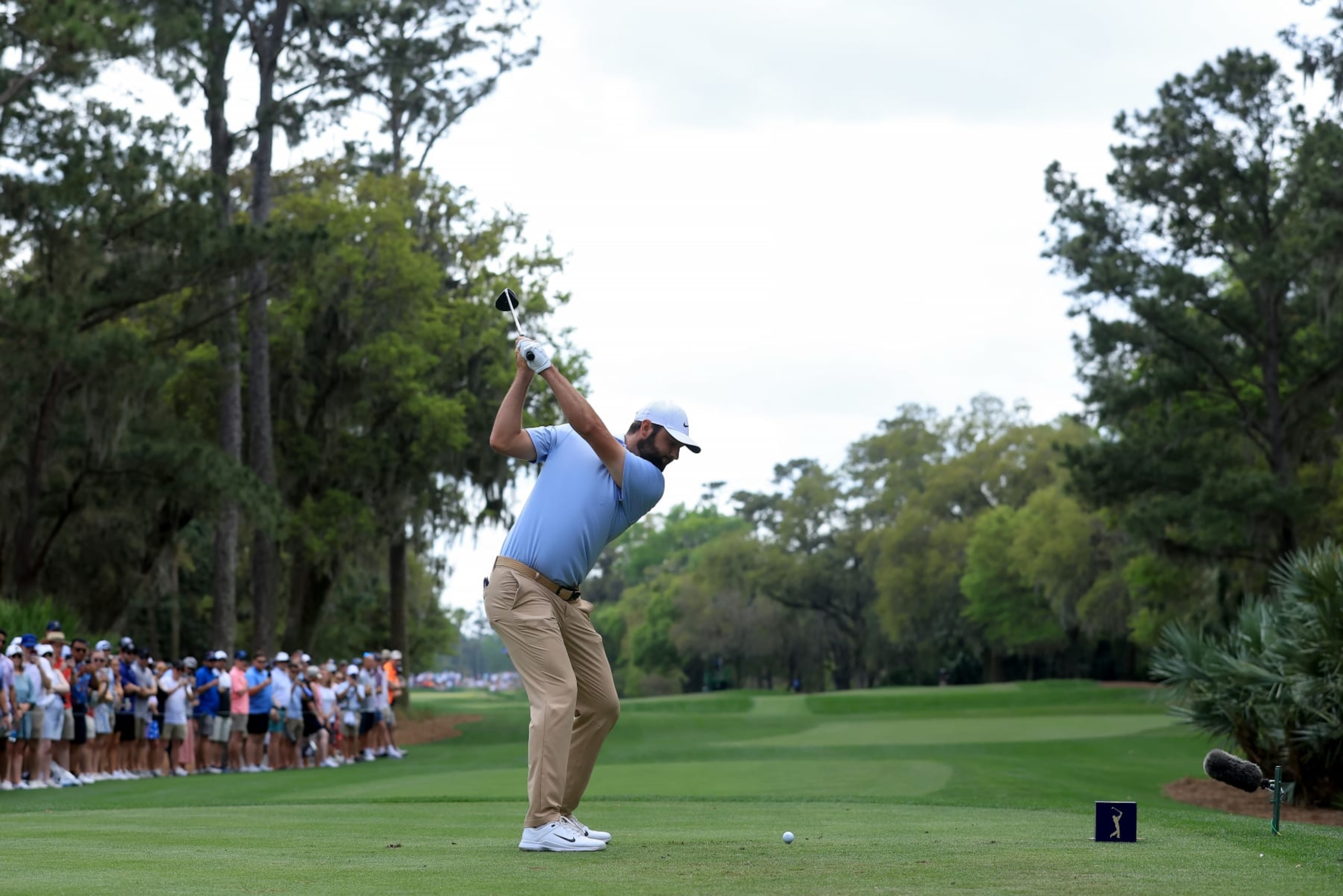 PONTE VEDRA BEACH, FLORIDA - MARCH 16: Scottie Scheffler of the United States plays his shot from the second tee during the third round of THE PLAYERS Championship at TPC Sawgrass on March 16, 2024 in Ponte Vedra Beach, Florida. (Photo by Sam Greenwood/Getty Images)